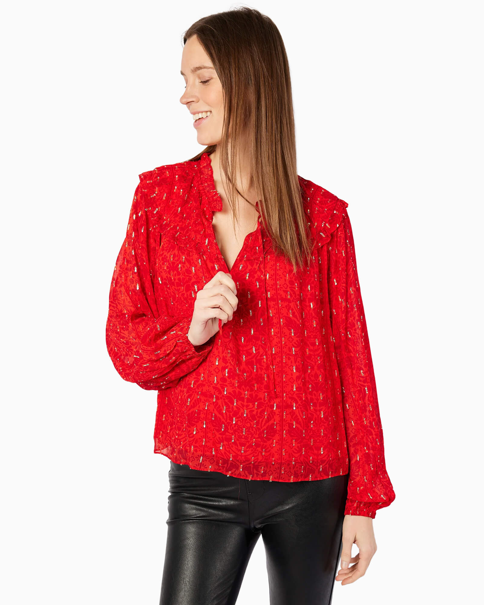 Red Lurex Ruffle Front Top