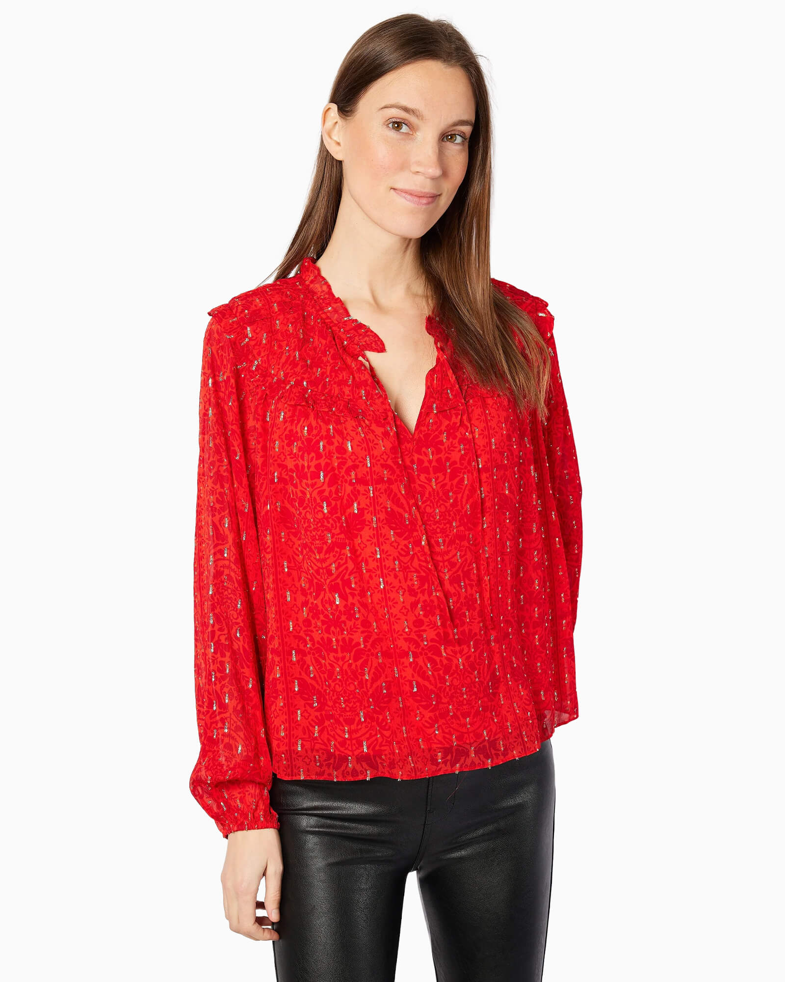 Red Lurex Ruffle Front Top