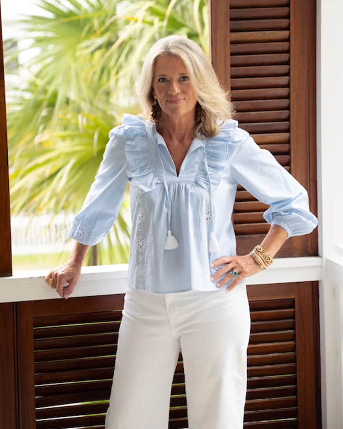 Blue & White Stripe Ruffle Front Top With Tassels