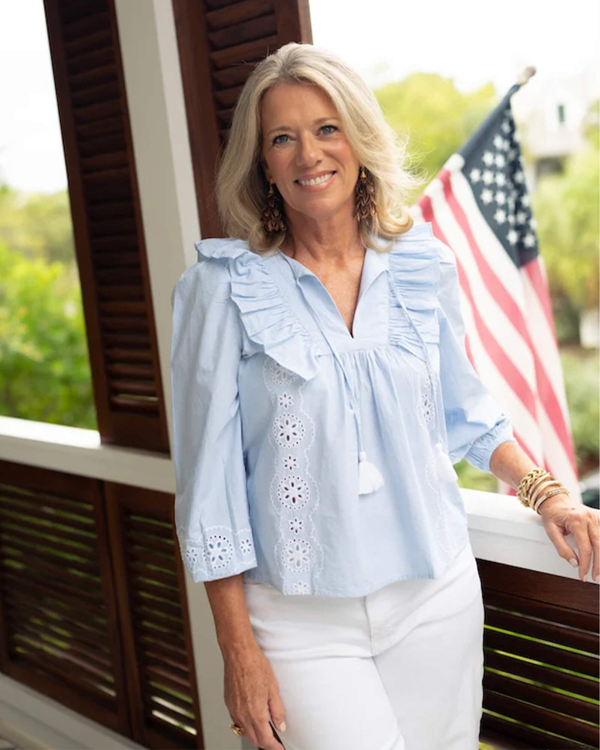 Blue & White Stripe Ruffle Front Top With Tassels