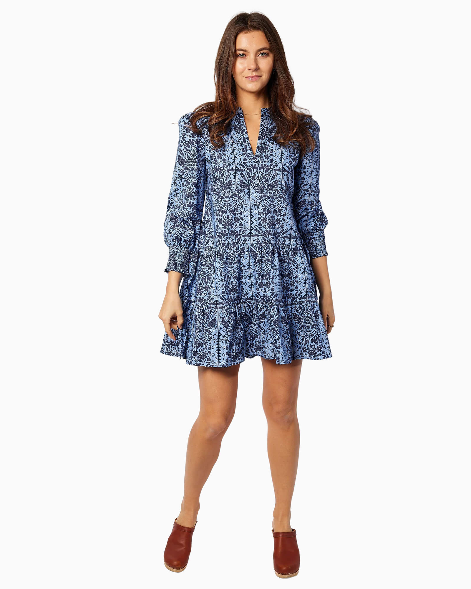 Tropical Block Print Long Sleeve Tunic Flare Dress