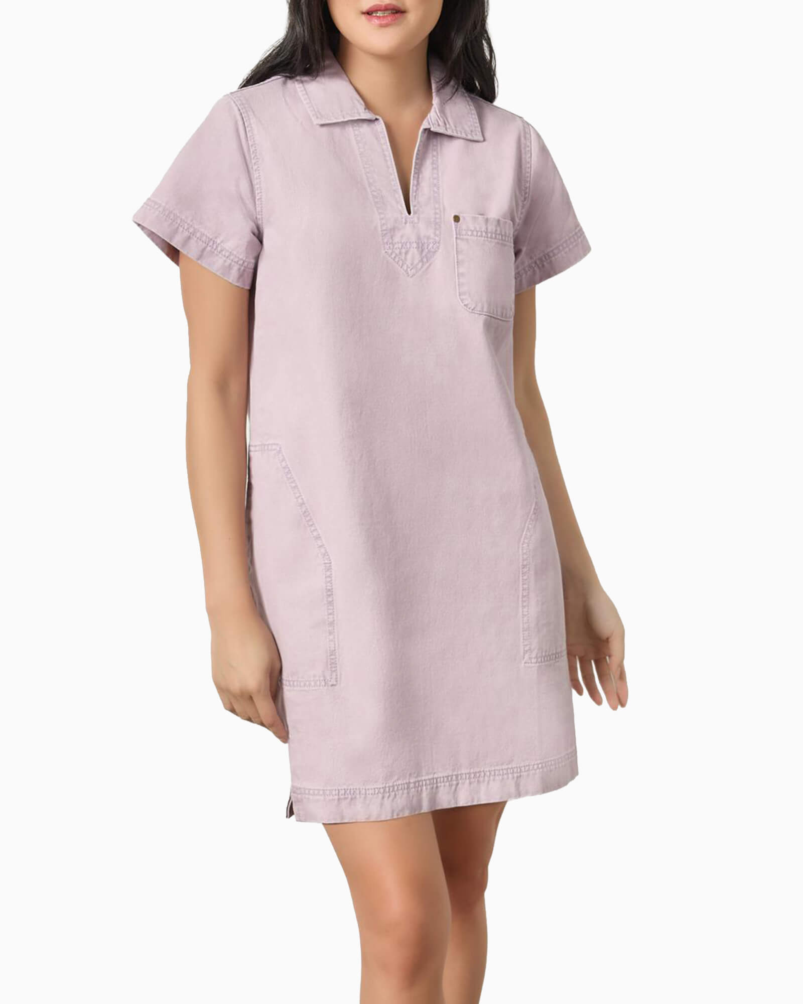 Twill Split Neck Collared Dress Thistle