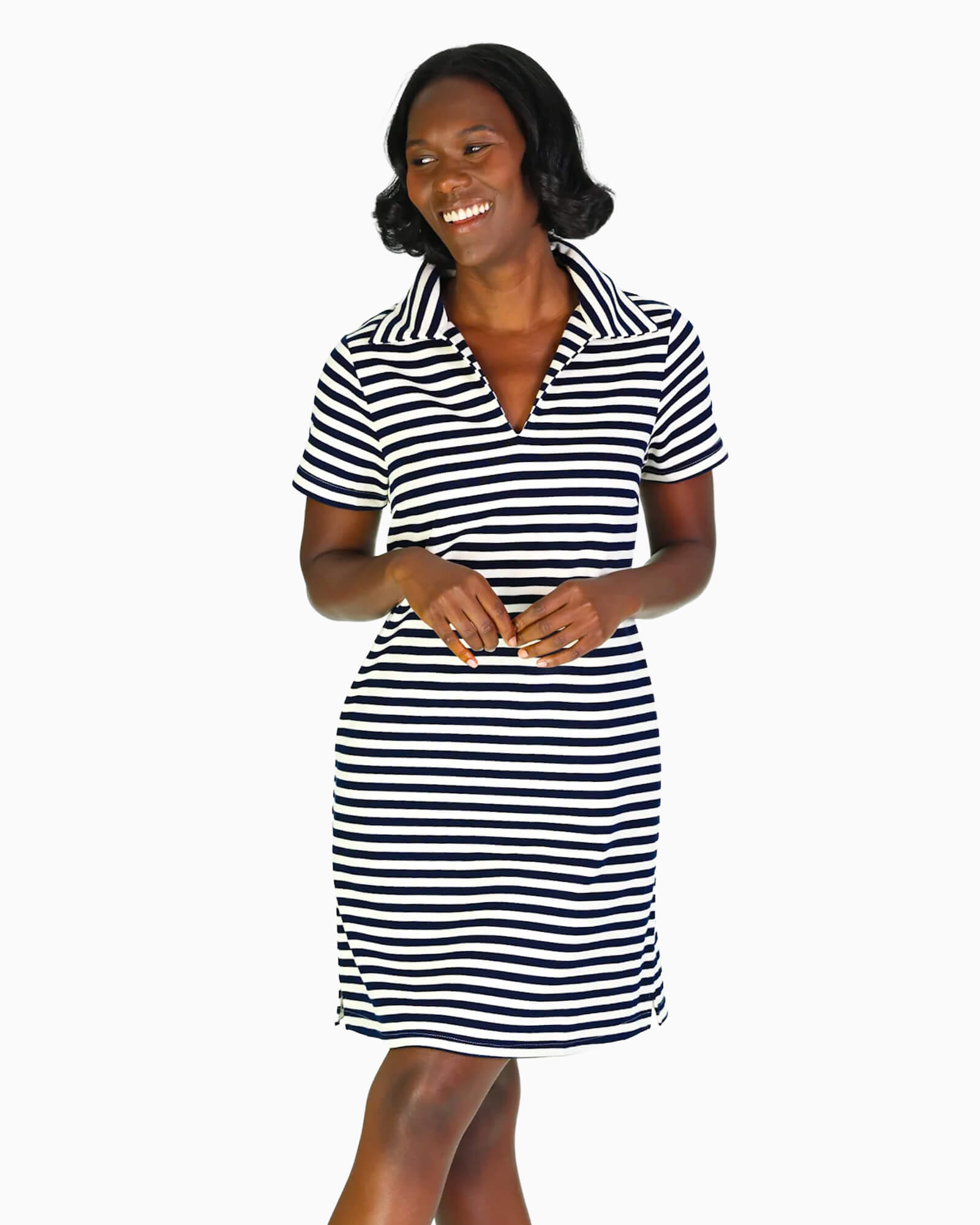 French Terry Asher Dress Navy and White Stripe