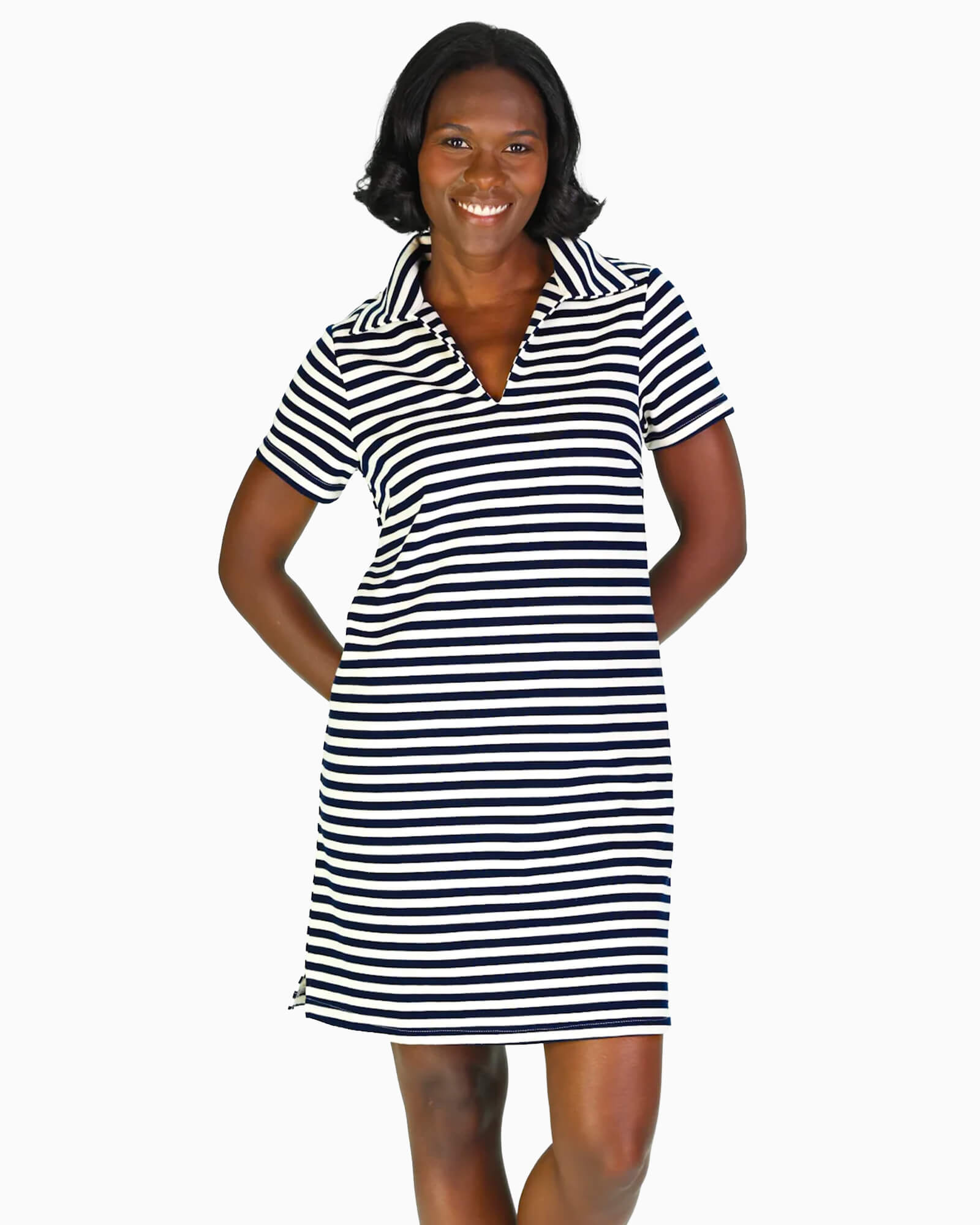 French Terry Asher Dress Navy and White Stripe