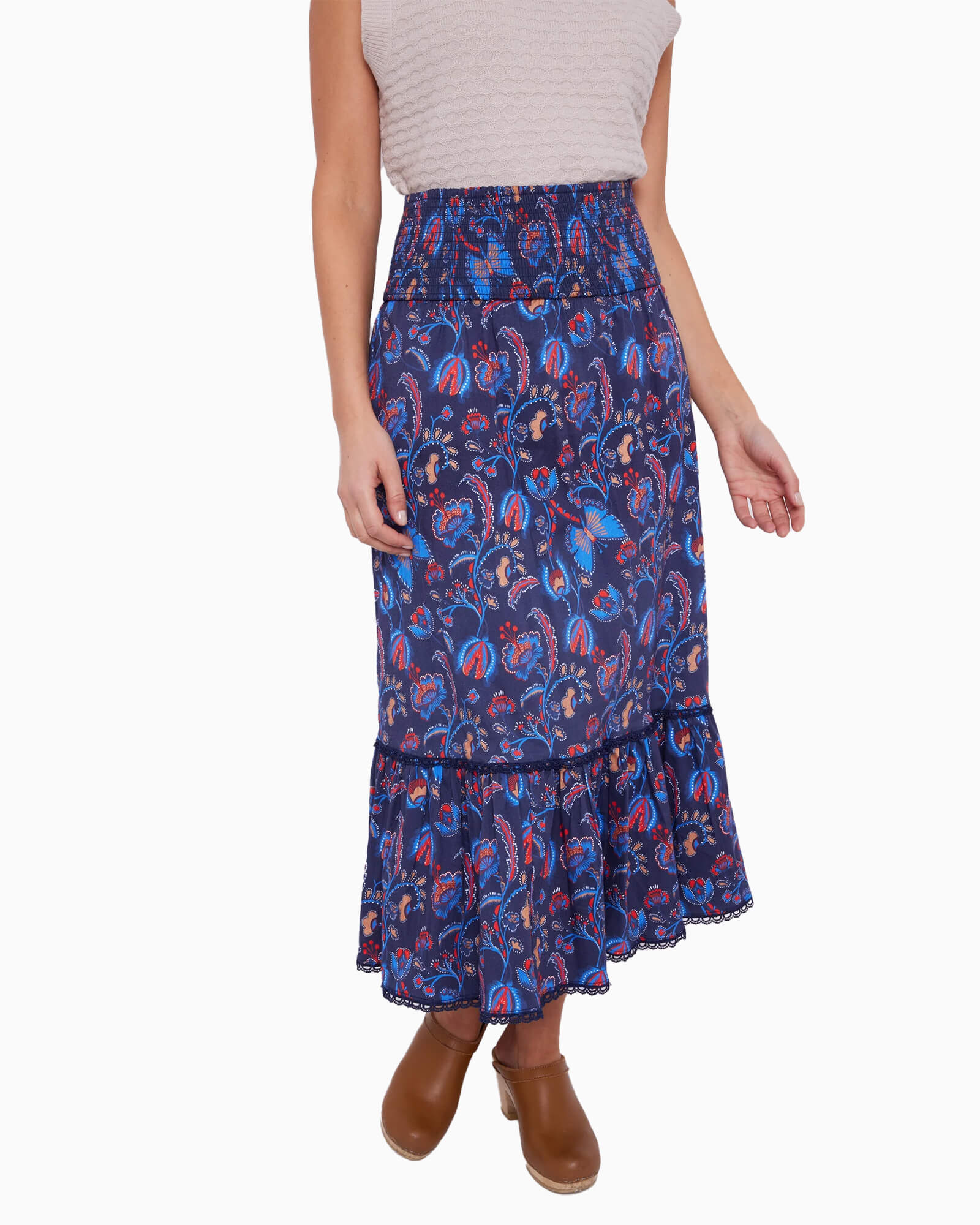 Aztec Floral Smocked Waist Midi Skirt