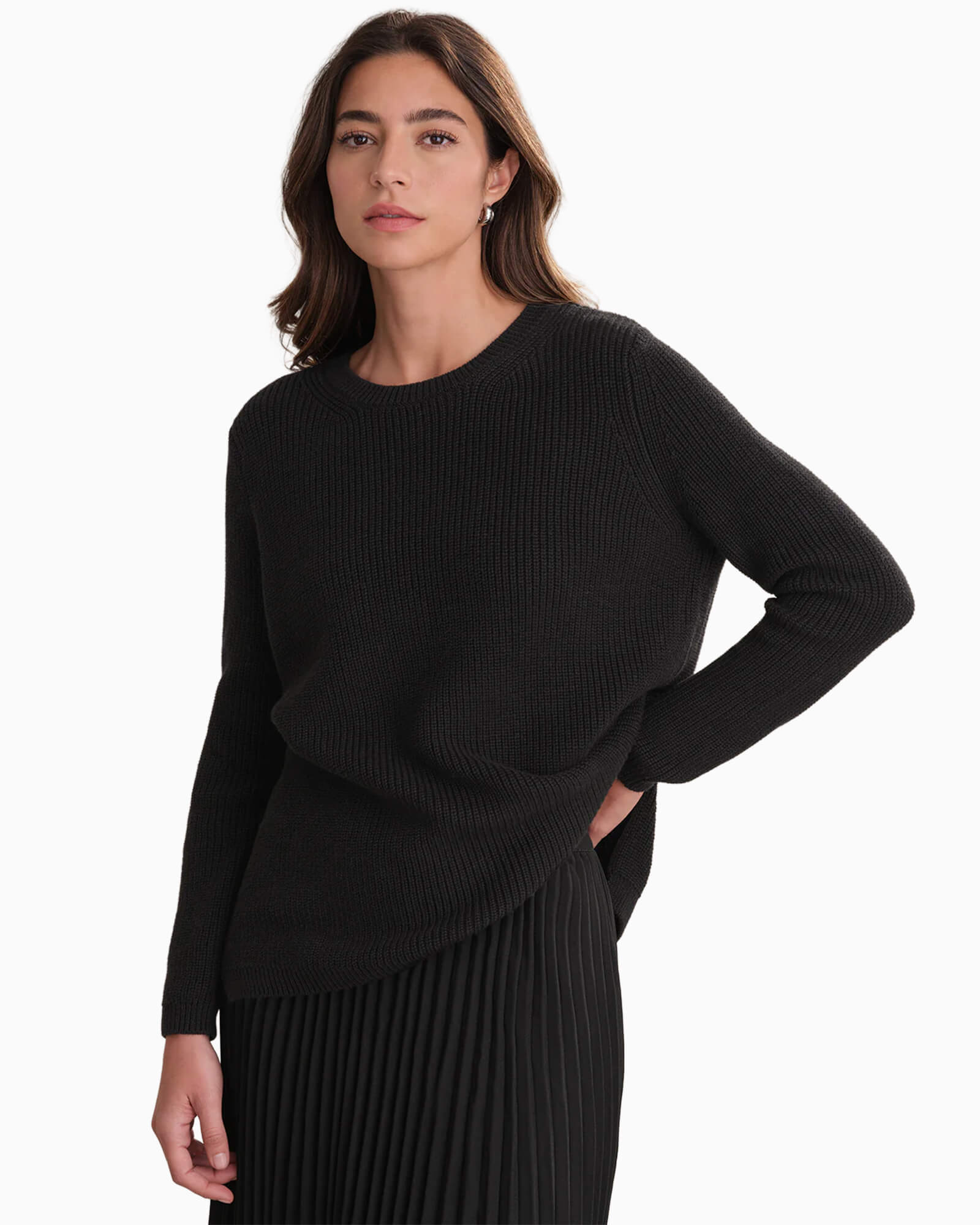 Emma Crewneck Shaker Stitch Cotton Sweater Black