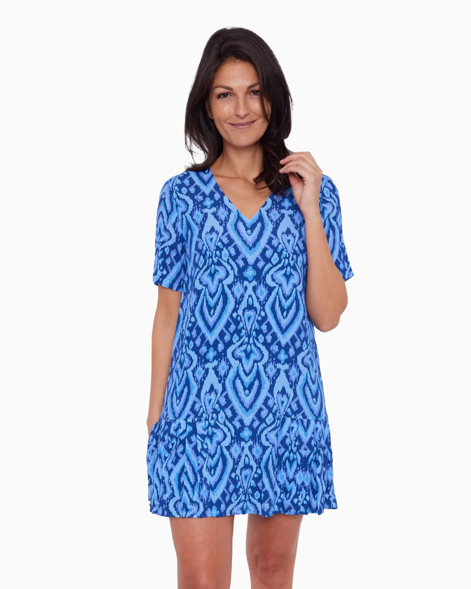 Blue Ikat Short Sleeve V-Neck Pleated Dress