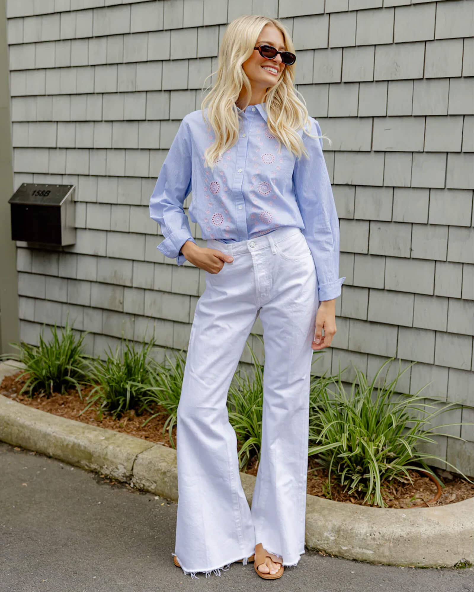Blue & White Embroidered Button Down Shirt - Purple Poppy