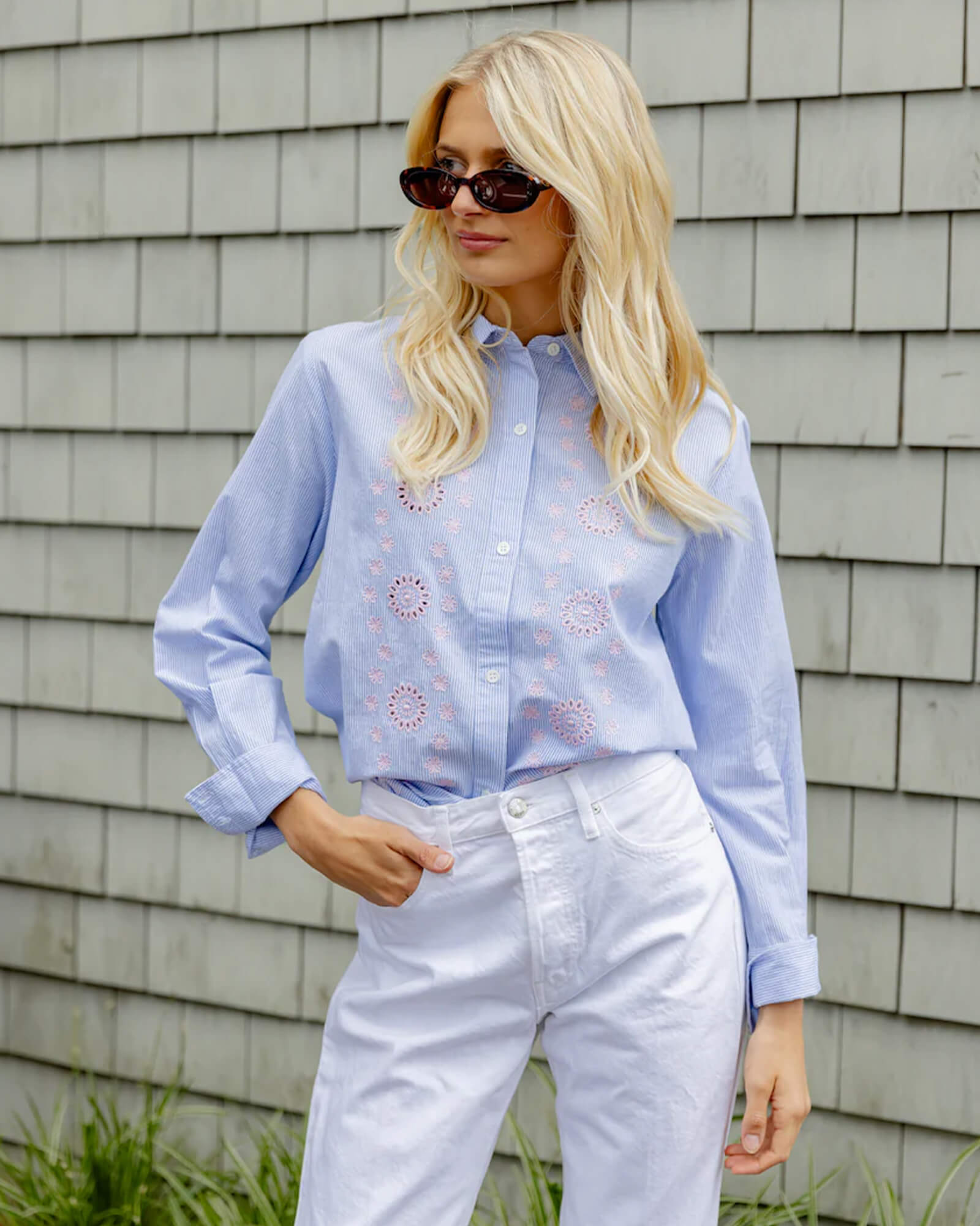 Blue & White Embroidered Button Down Shirt - Purple Poppy