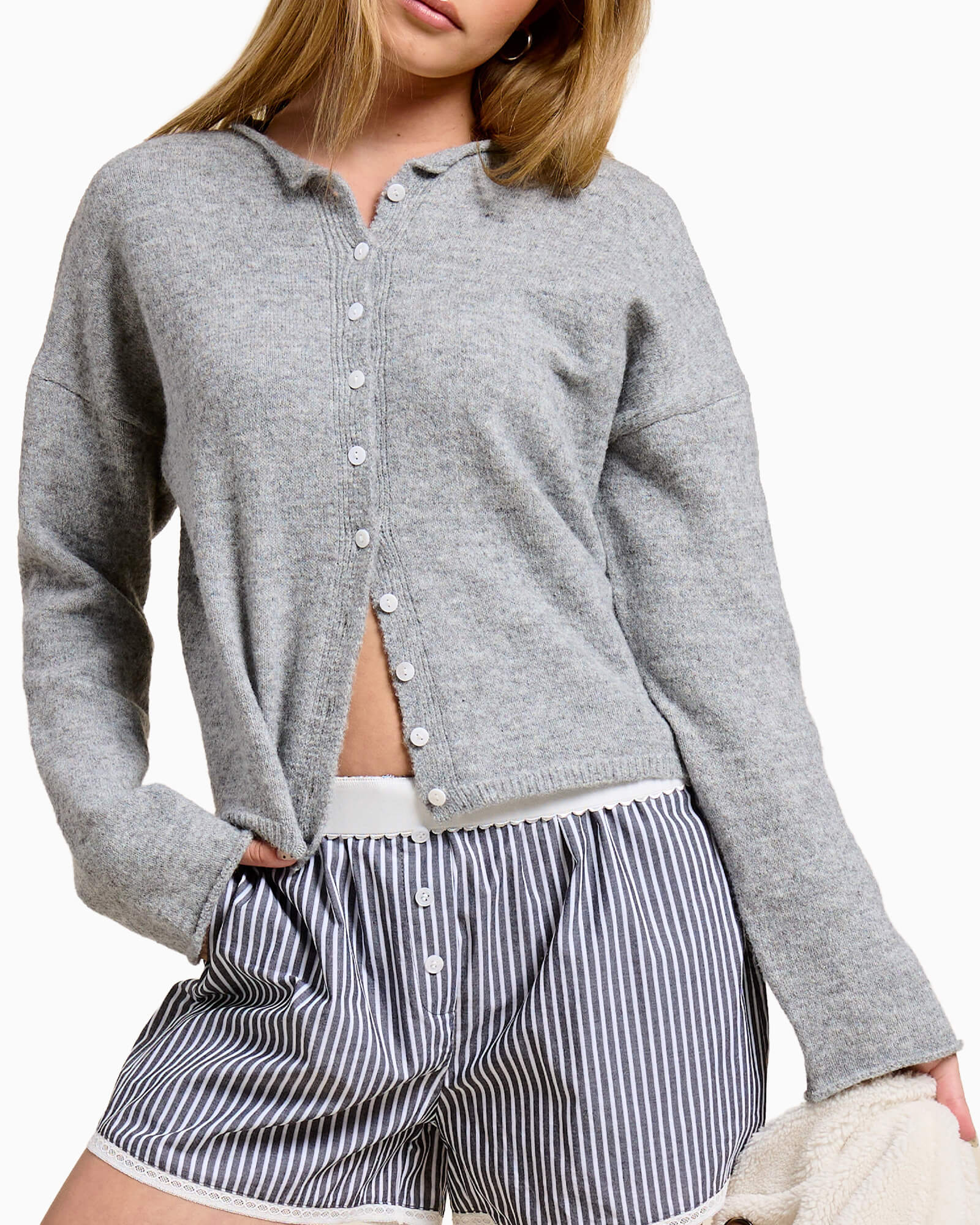 Essential Button Down Cardigan Top Gray