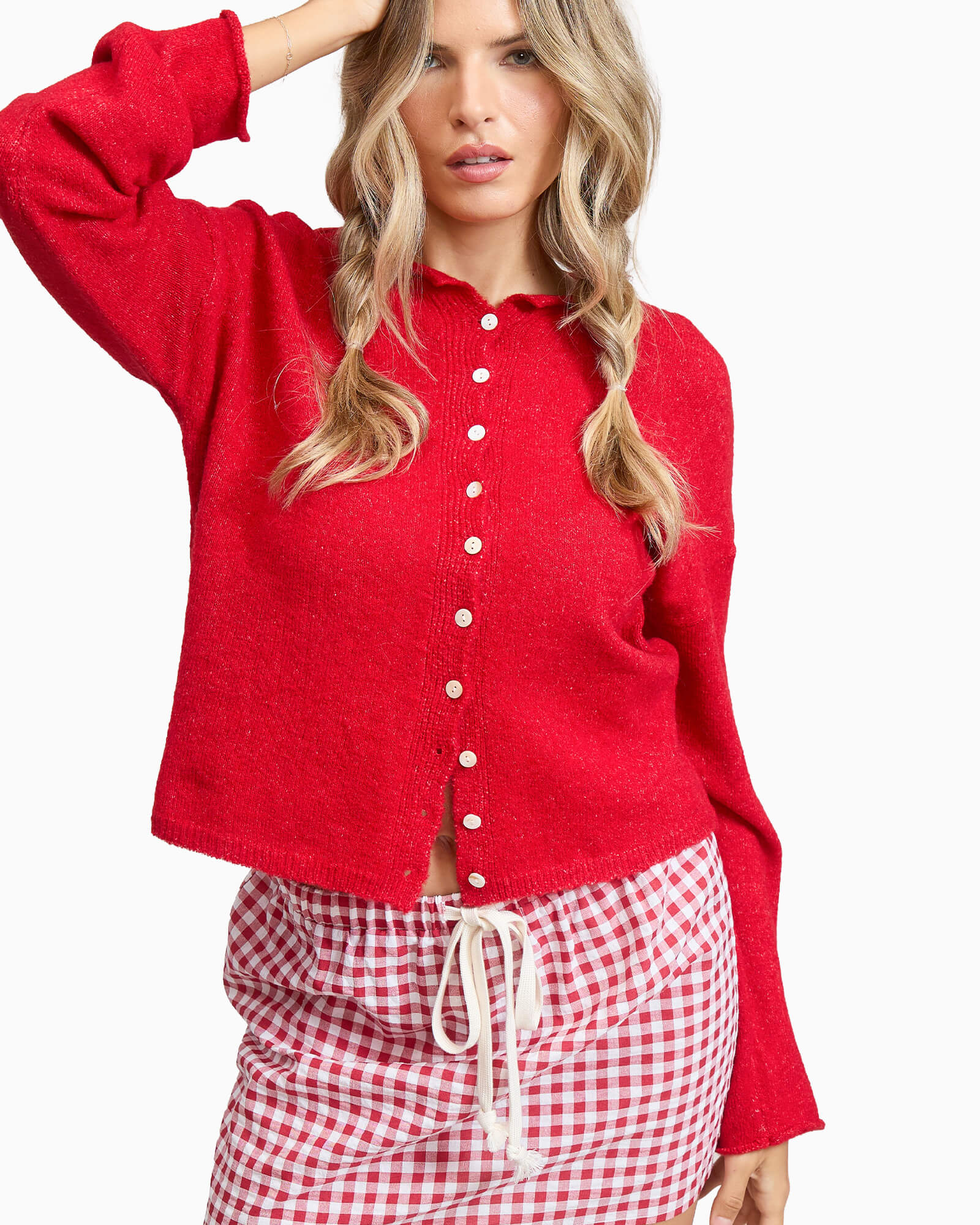 Essential Button Down Cardigan Top Red