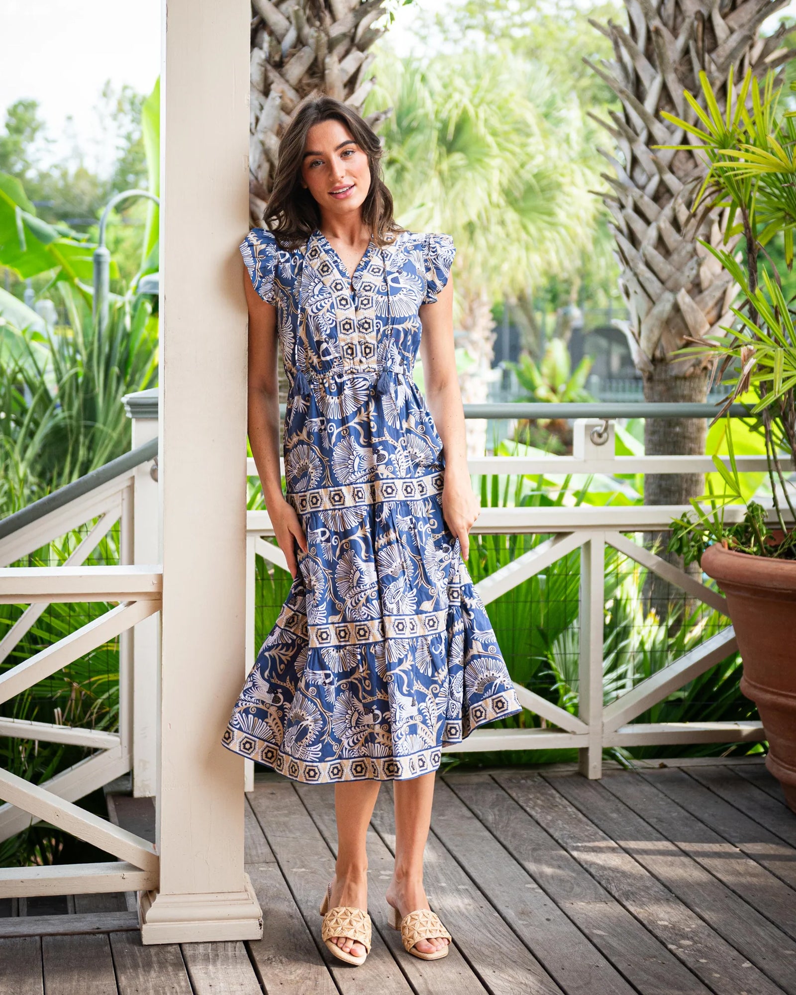 Cinched Waist Flutter Midi Dress