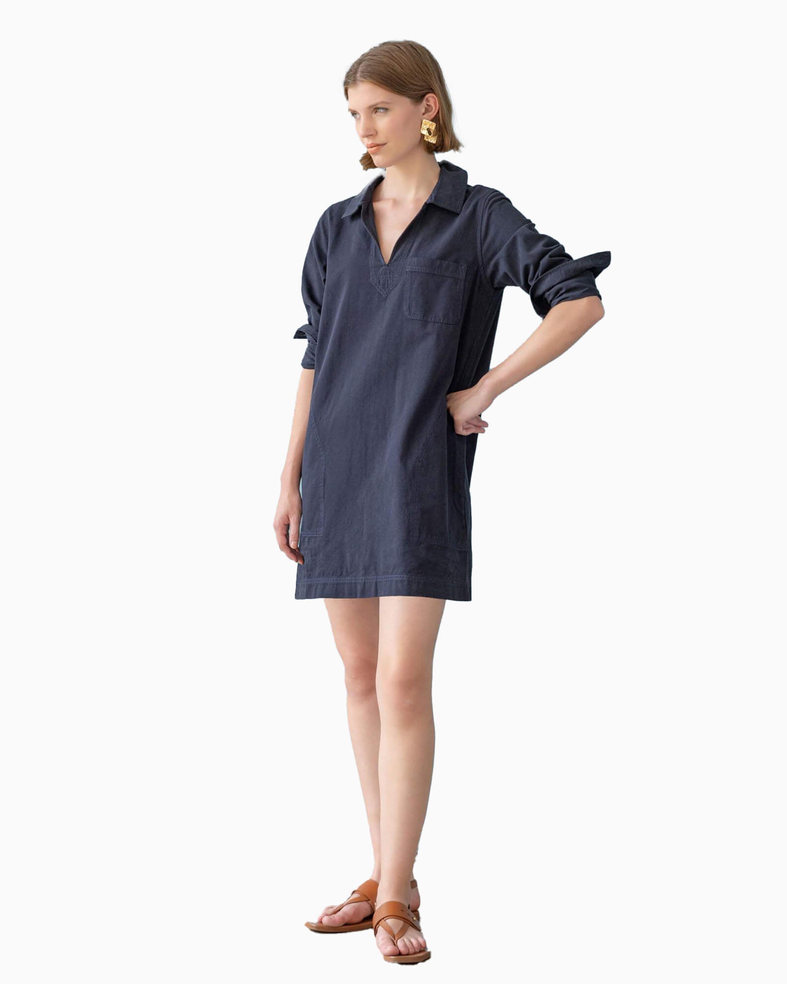 Split Neck Collared Dress Navy