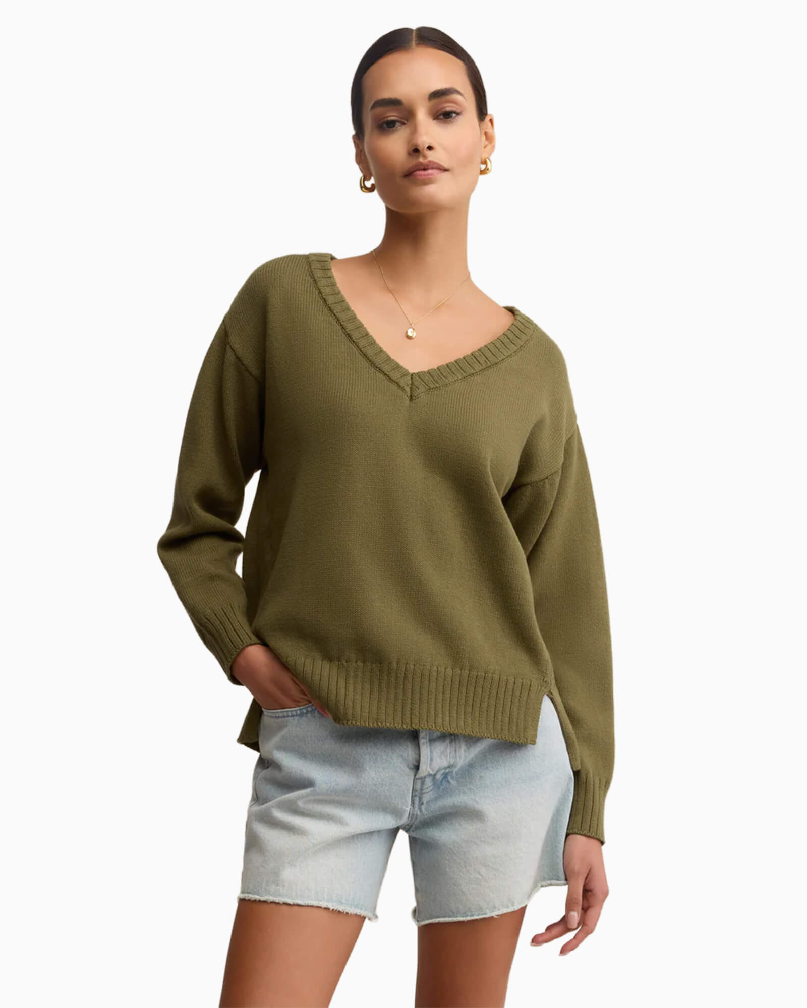 All Around Cotton V-Neck Sweater Fern