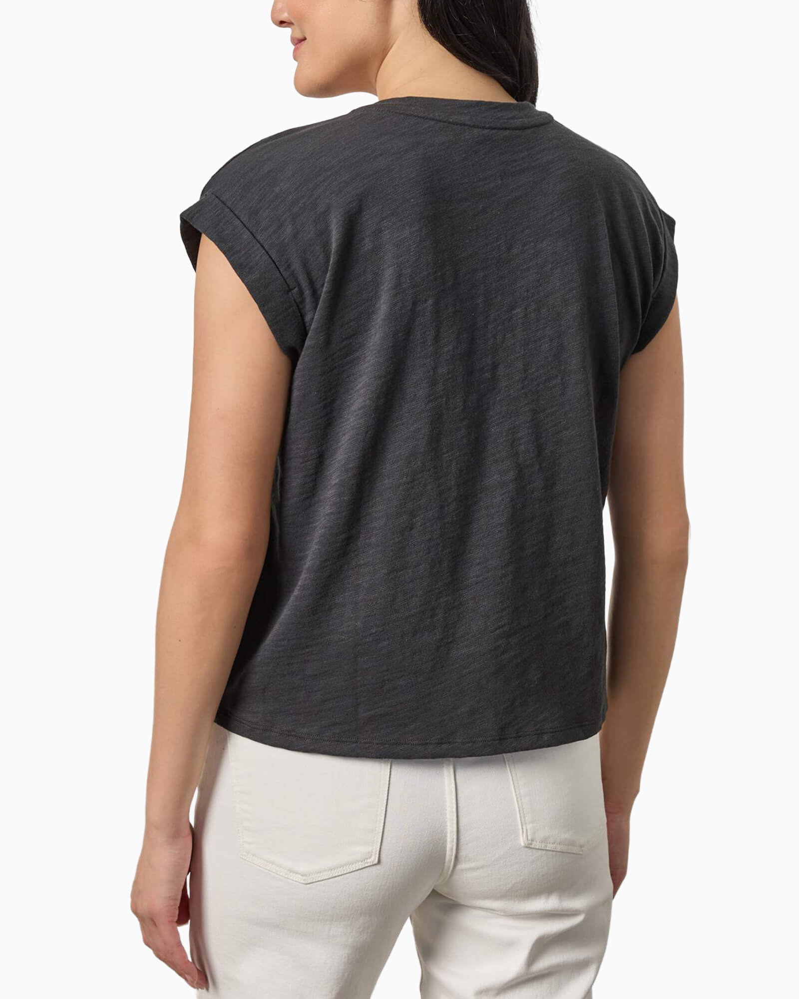 Cuffed Sleeve V-Neck Tee Black