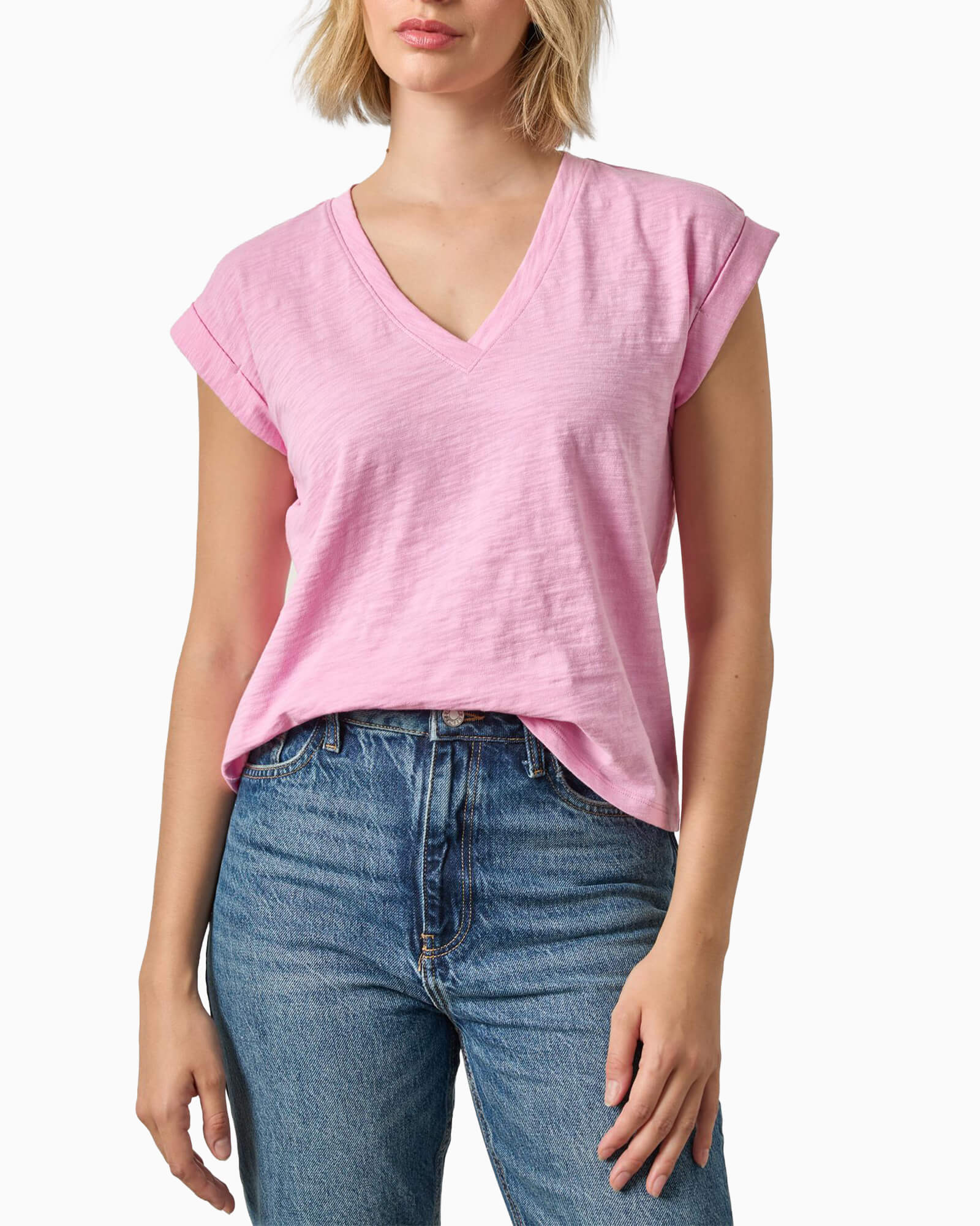 Cuffed Sleeve V-Neck Tee Taffy