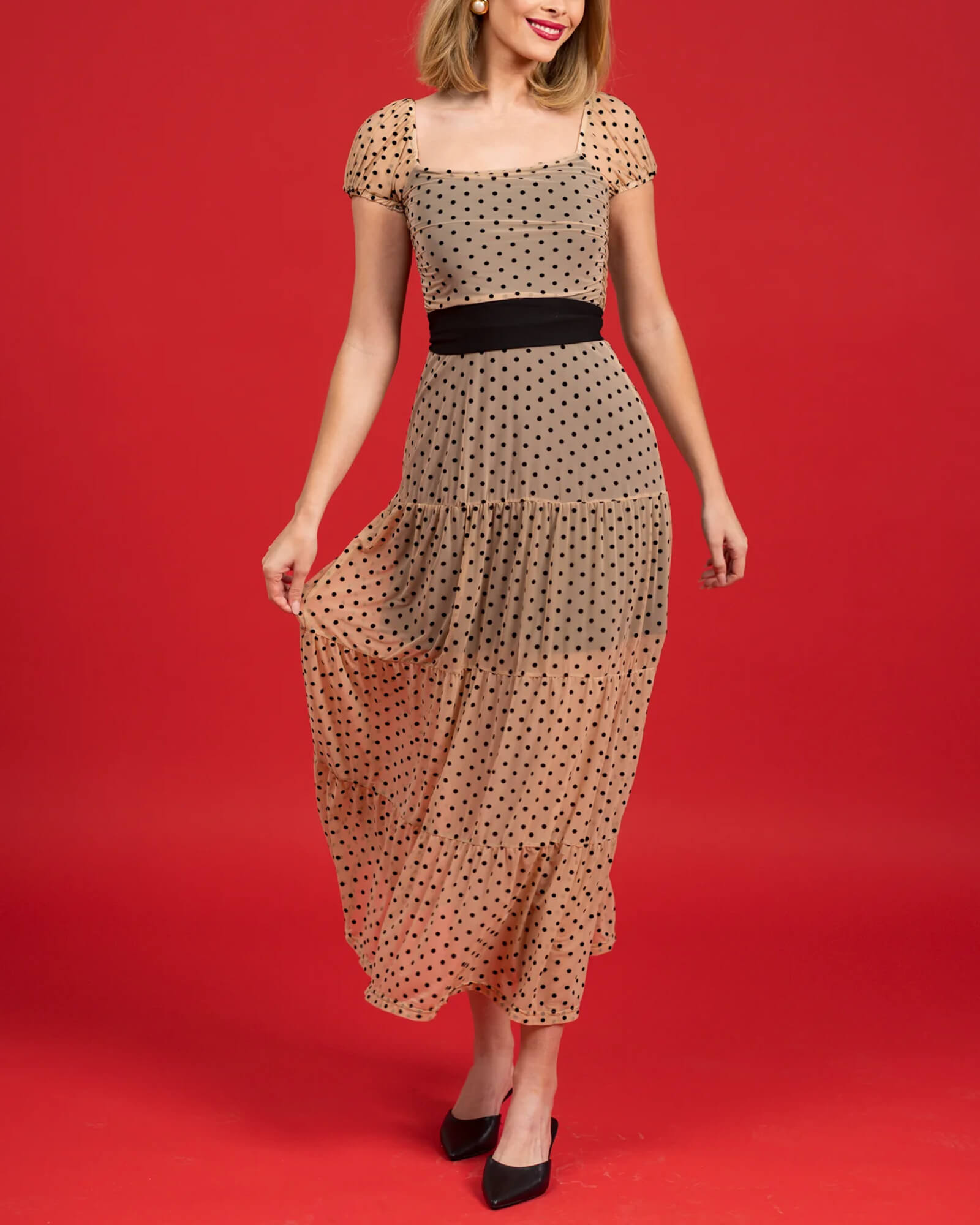 The Delphine Dress Nude/Black Dot