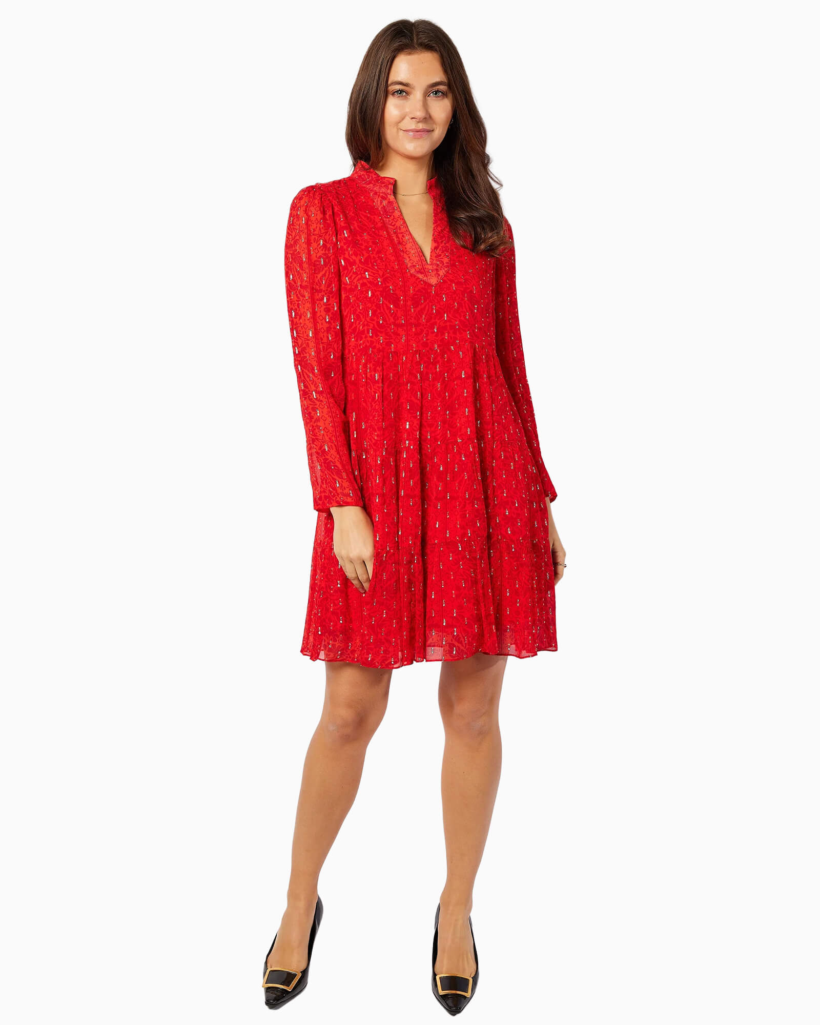 Red Lurex Long Sleeve Tunic Flare Dress