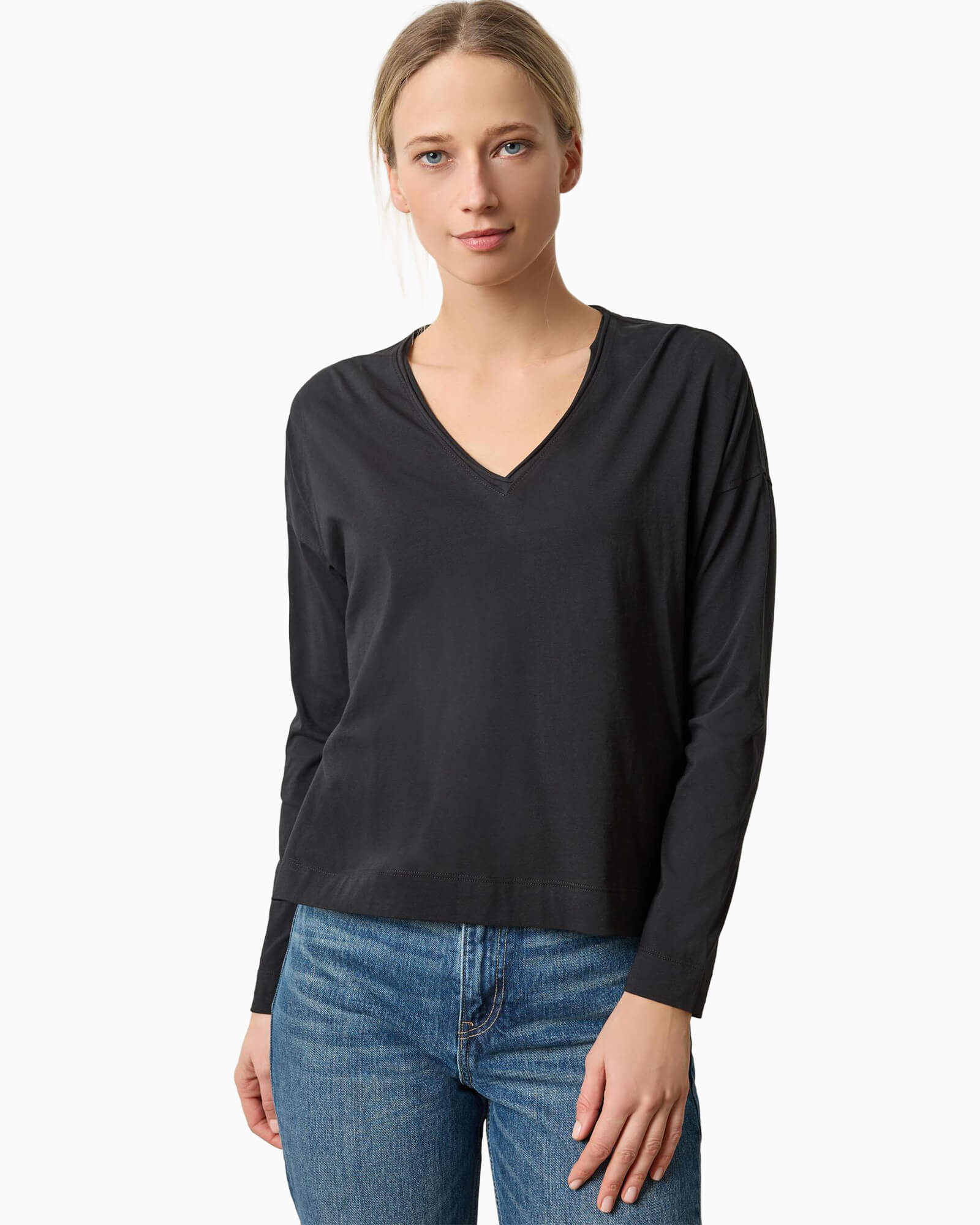 Long Sleeve Cut Edge V-Neck Black