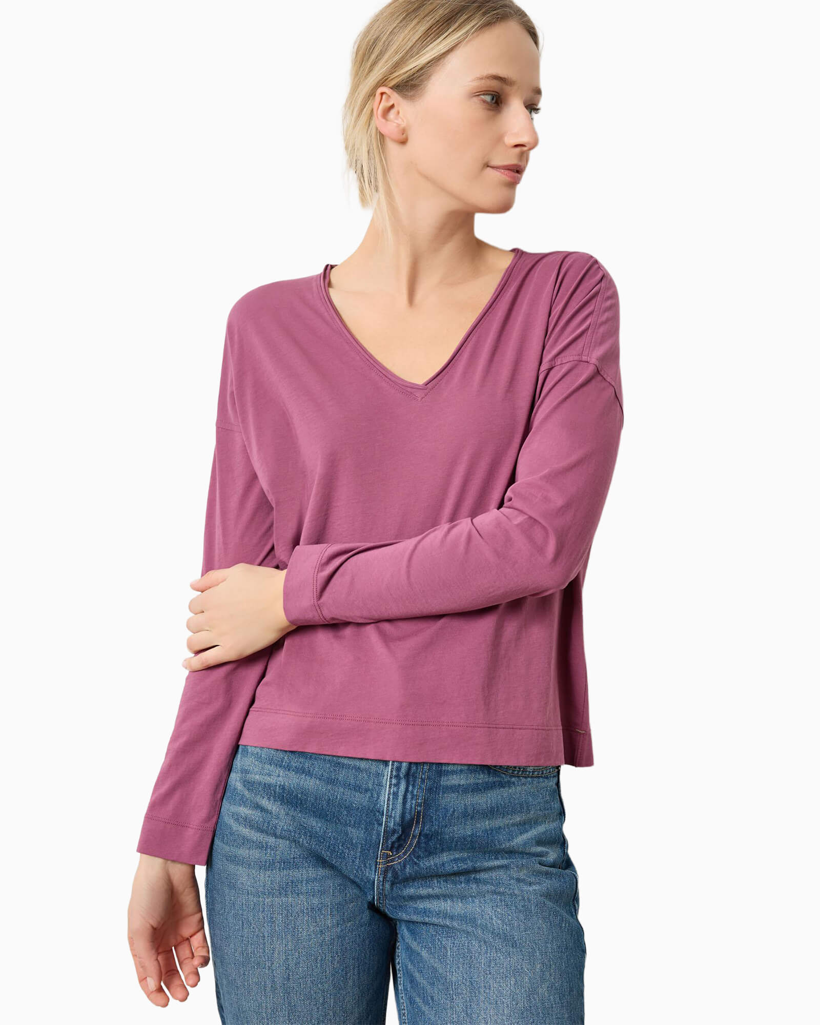 Long Sleeve Cut Edge V-Neck Vintage Plum