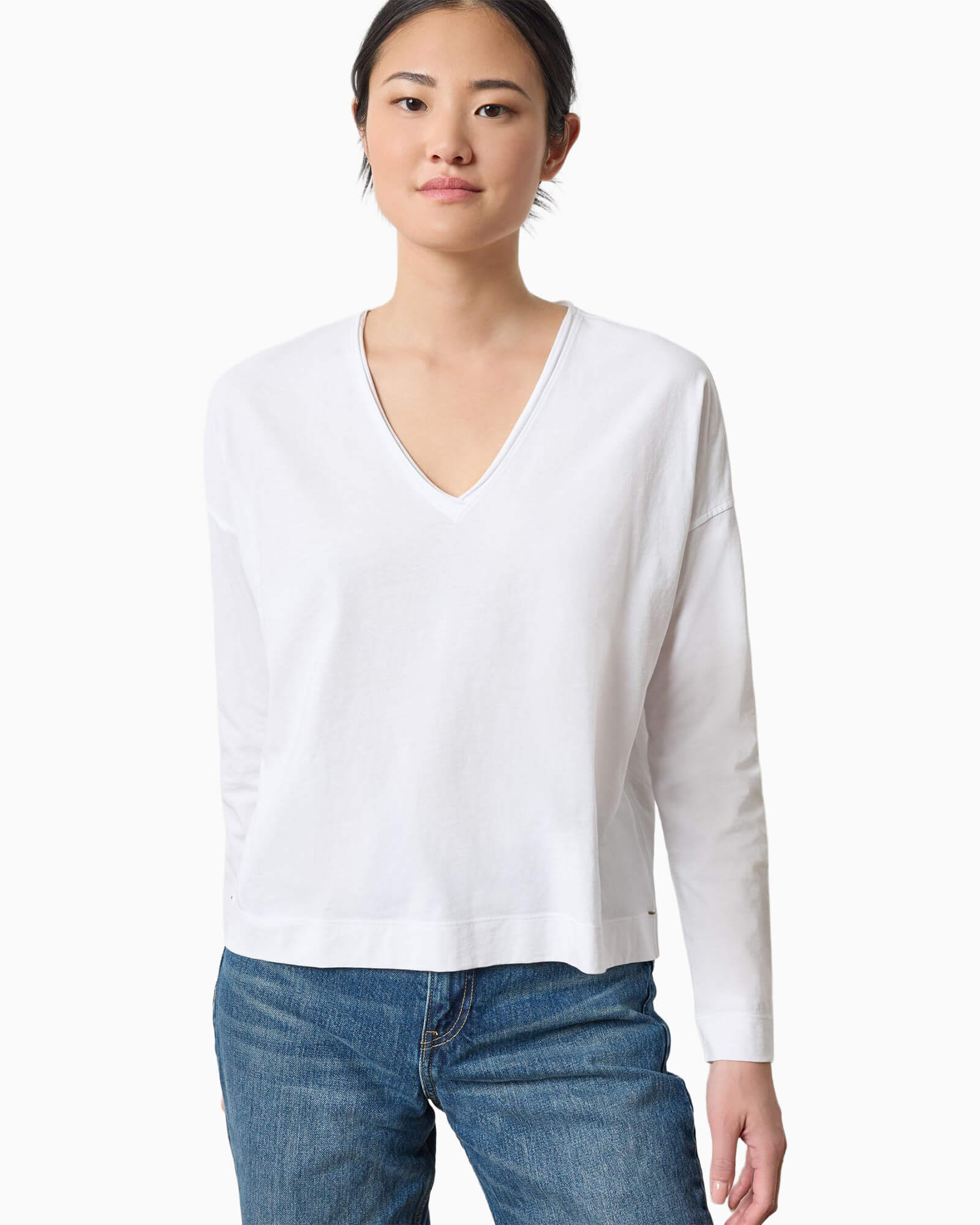 Long Sleeve Cut Edge V-Neck White