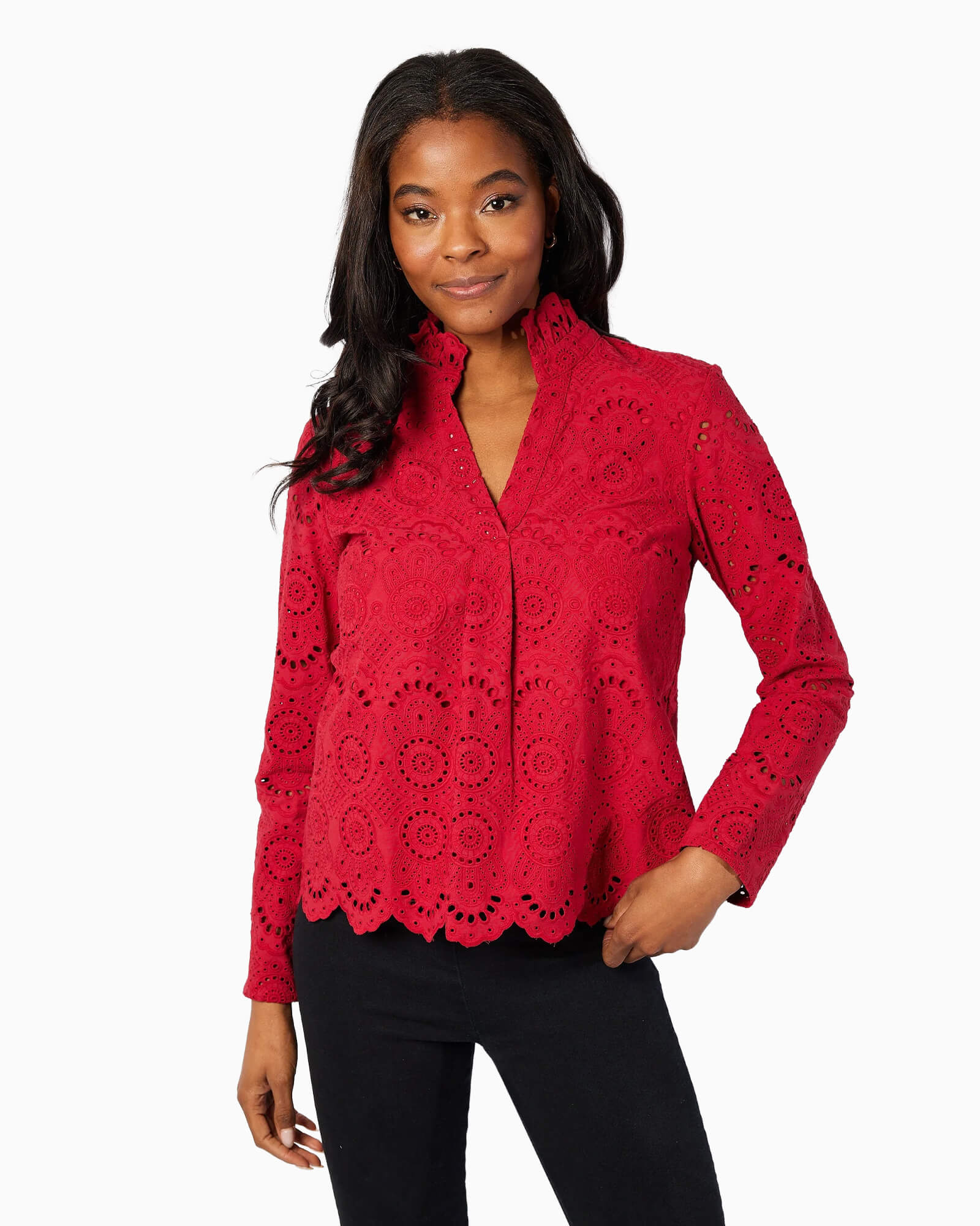 Red Eyelet Scalloped Hem Top