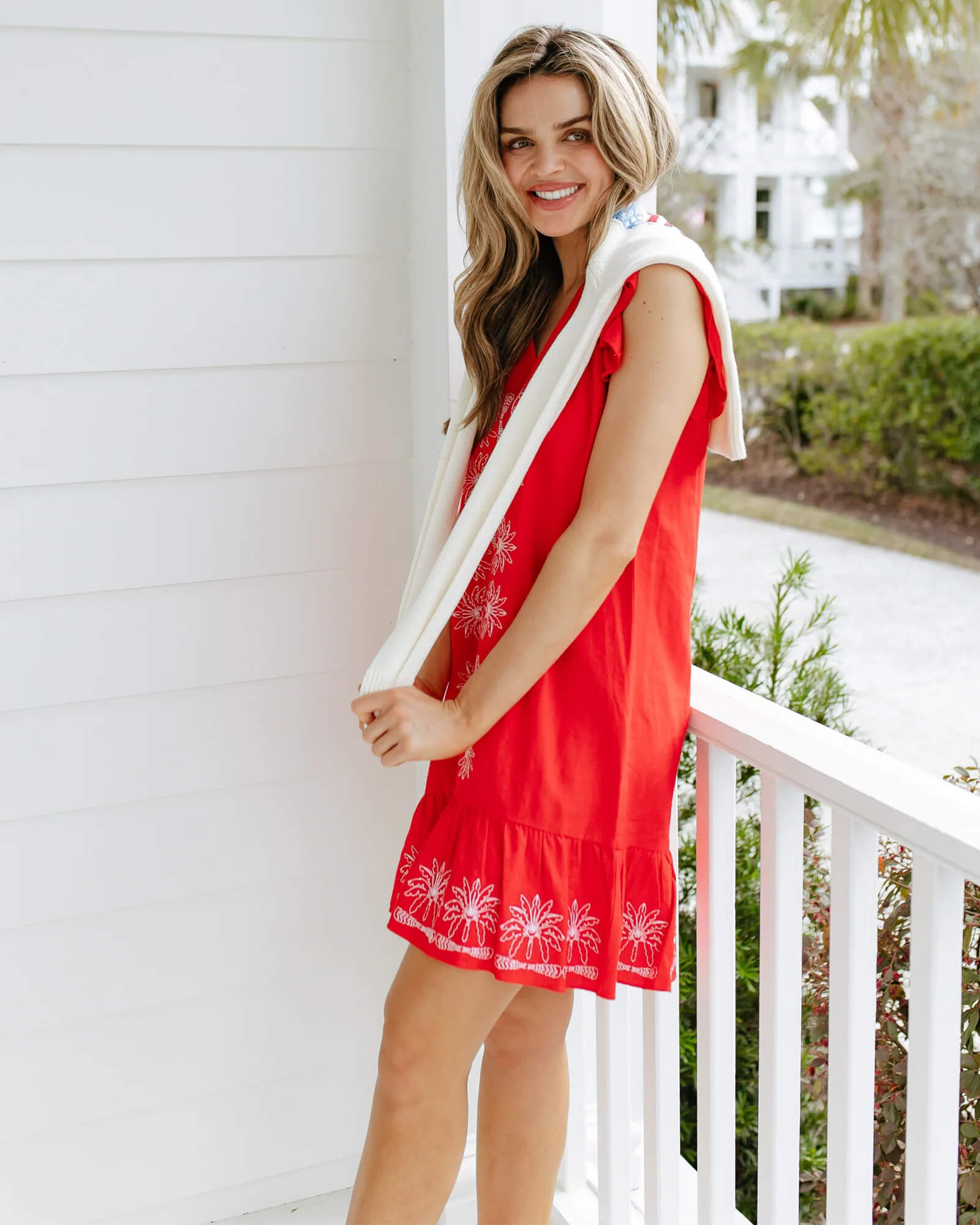 Red Flame V-Neck Ruffle Hem Dress