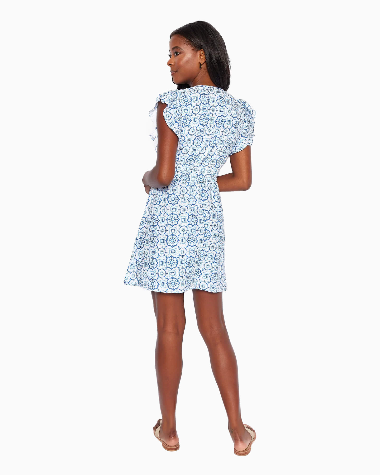 Blue Medallion V-Neck Flutter Sleeve Mini Dress