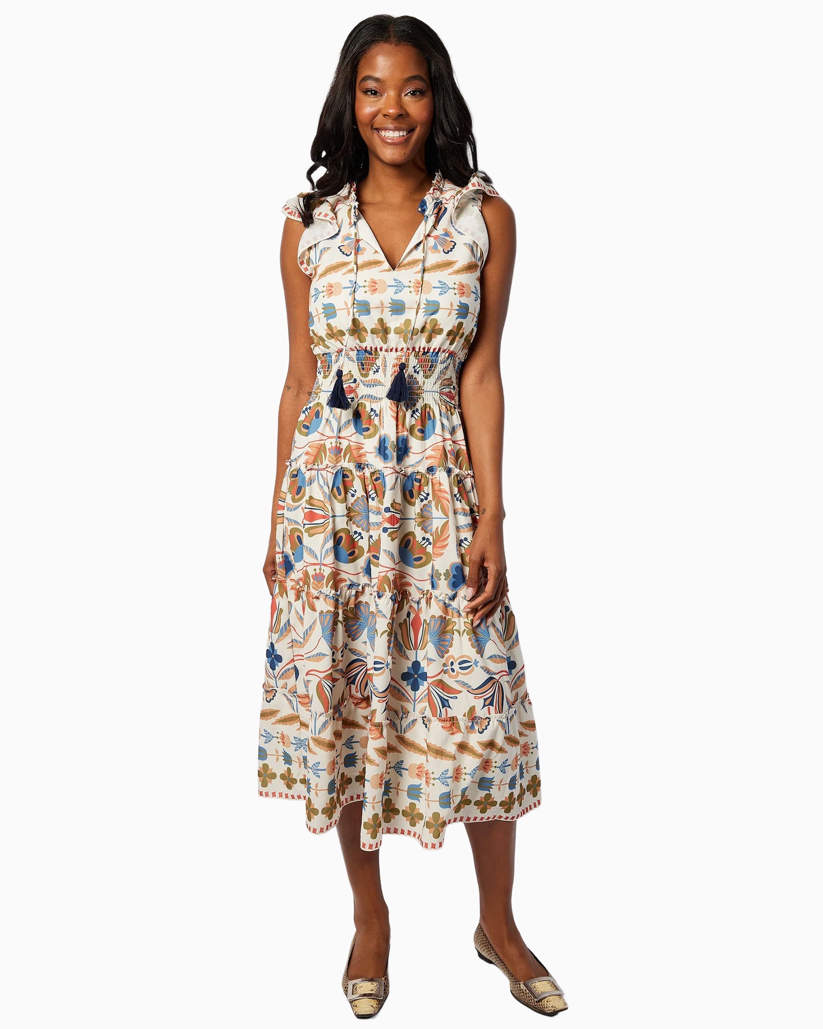 Geo Floral Smocked Waist Midi Dress