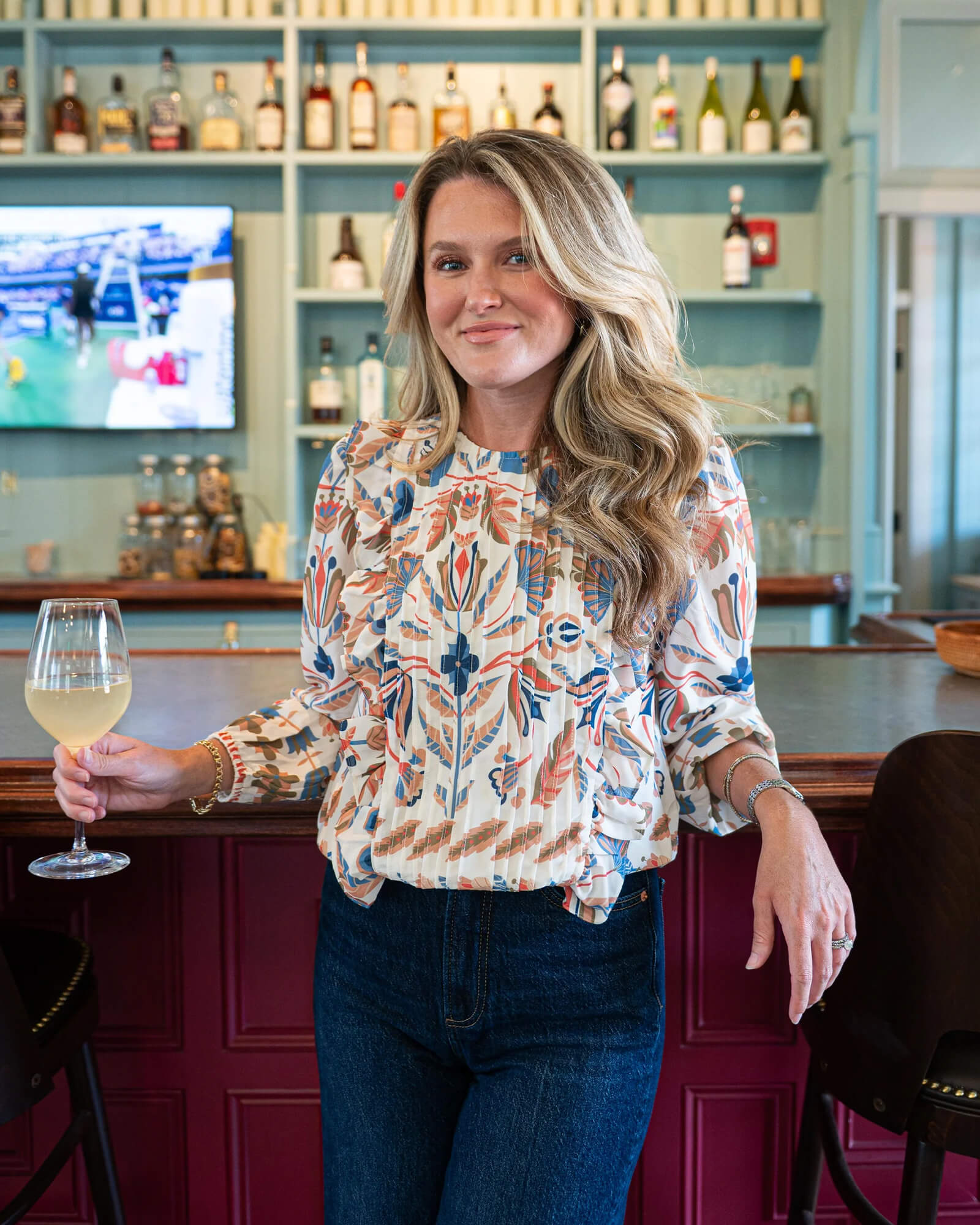 Geo Floral Pleated Ruffle Front Top