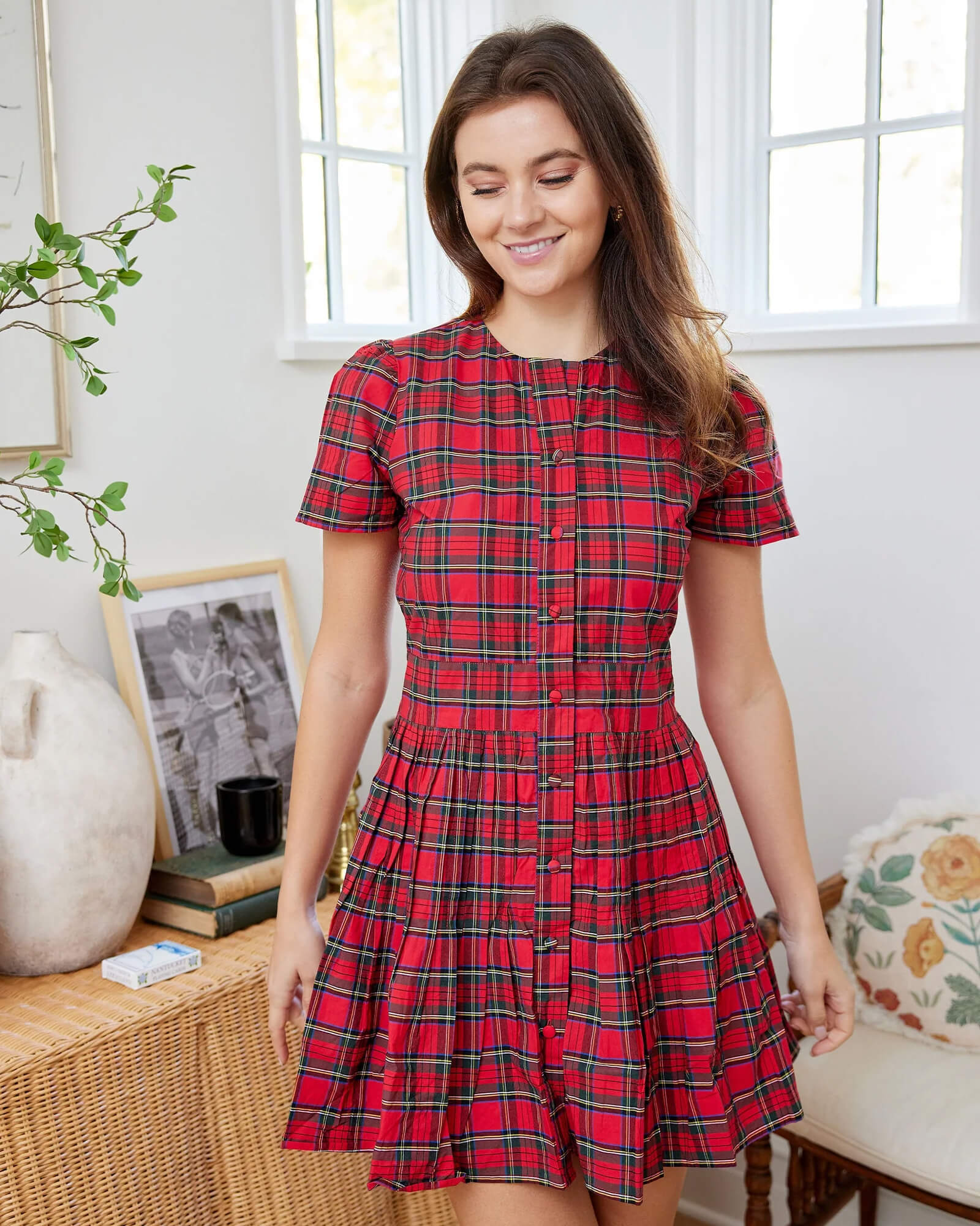 Red Tartan Pleated Button Front Dress