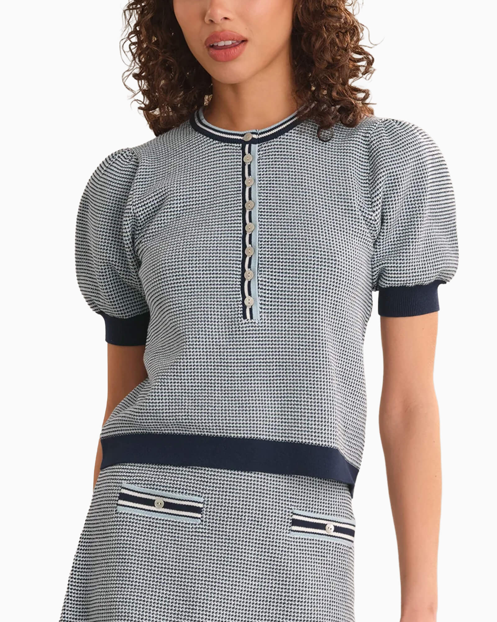 Grayson Tweed Like Puff Sleeve Henley