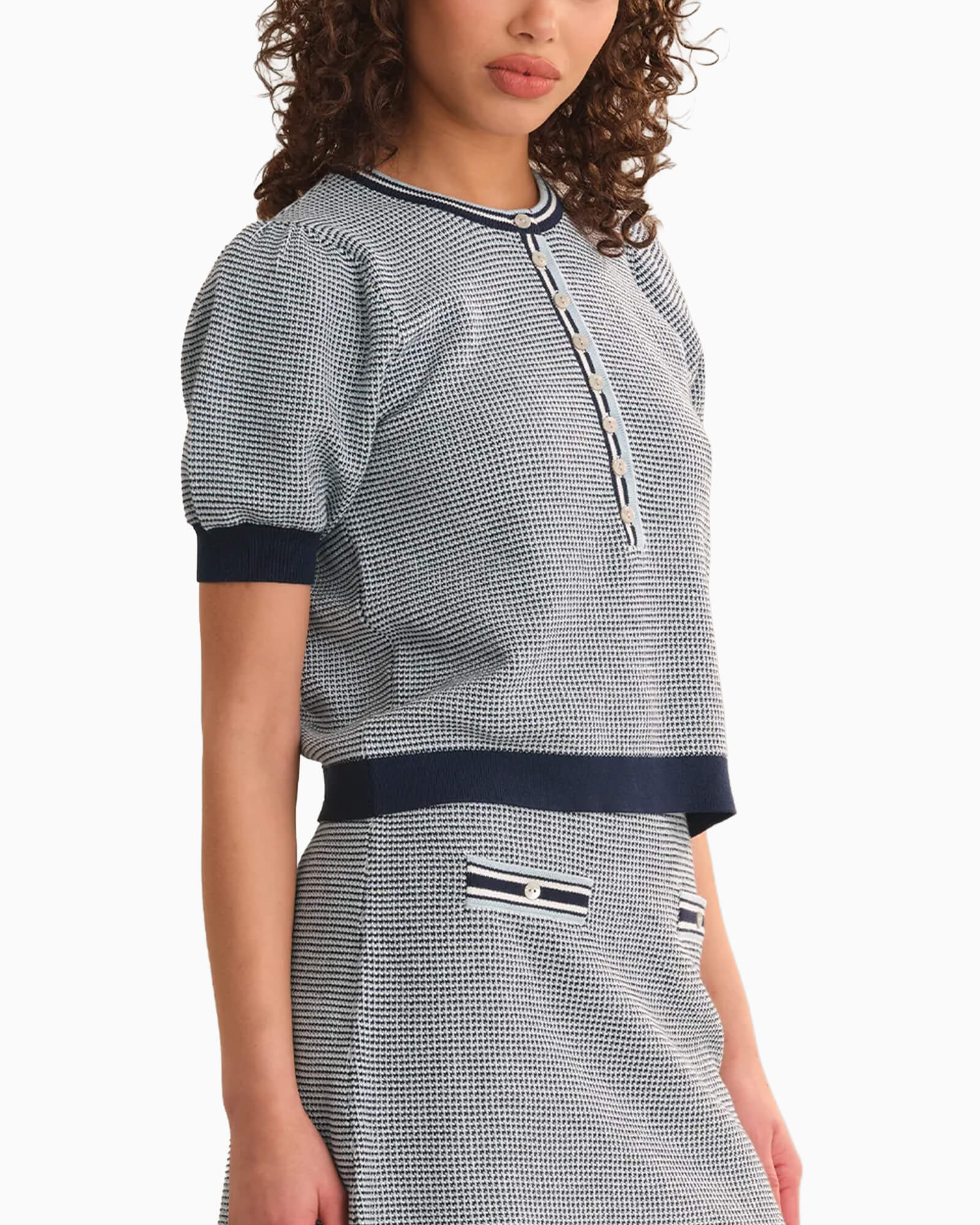 Grayson Tweed Like Puff Sleeve Henley