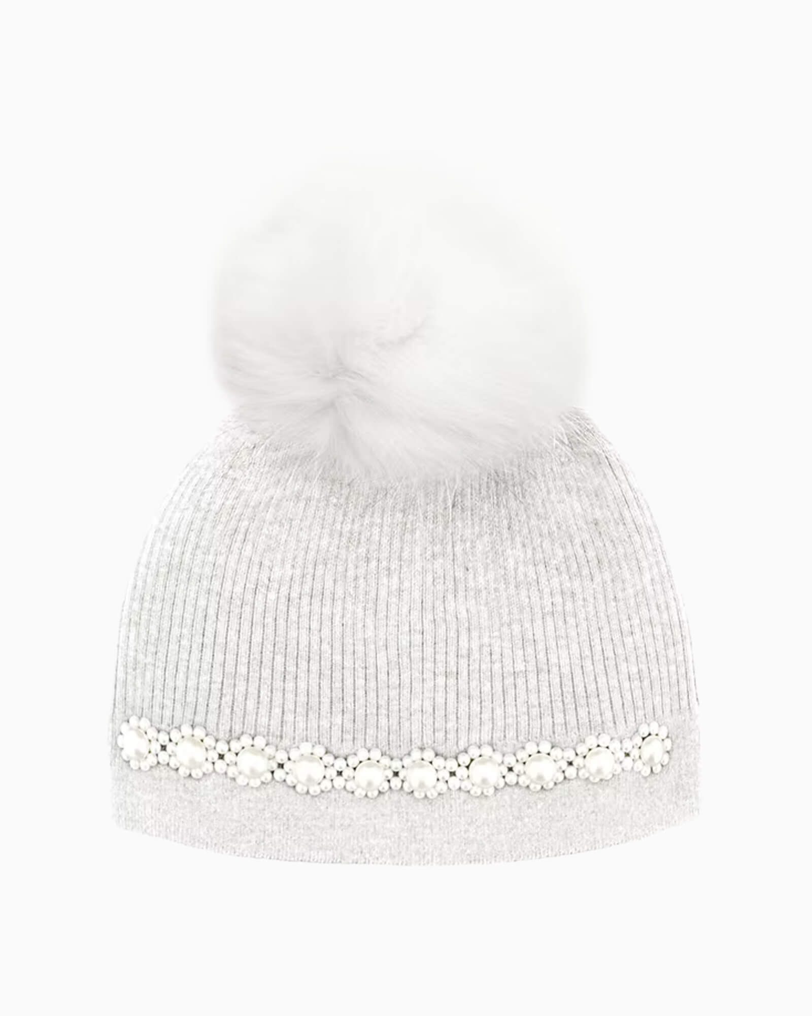 Ribbed Knit Hat w/ Pearl Flowers White