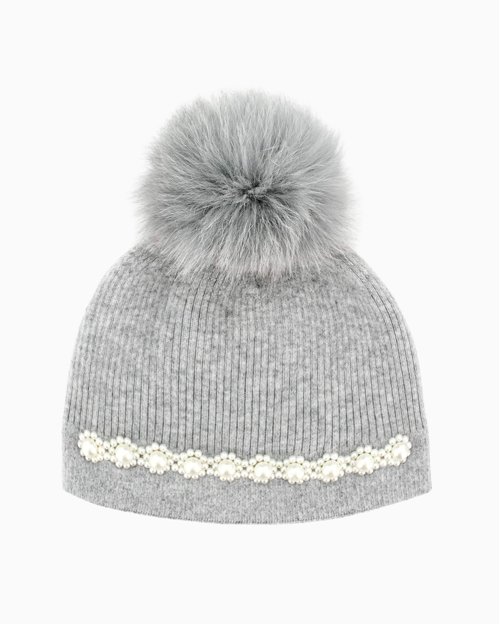 Ribbed Knit Hat w/ Pearl Flowers Grey