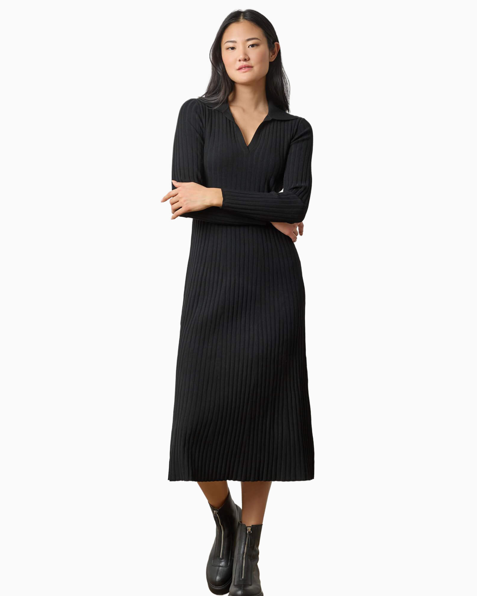 Long Sleeve Rib Henley Dress Black