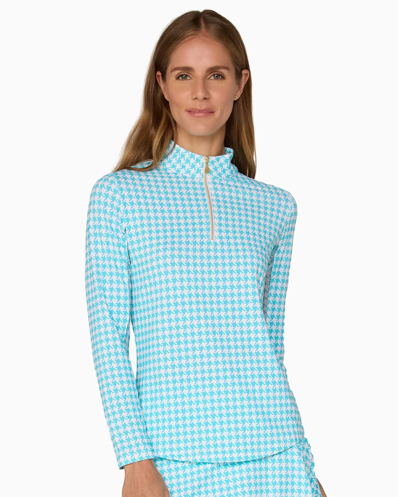 Quarter Zip Sun Protection Top Caribbean Turquoise Houndstooth
