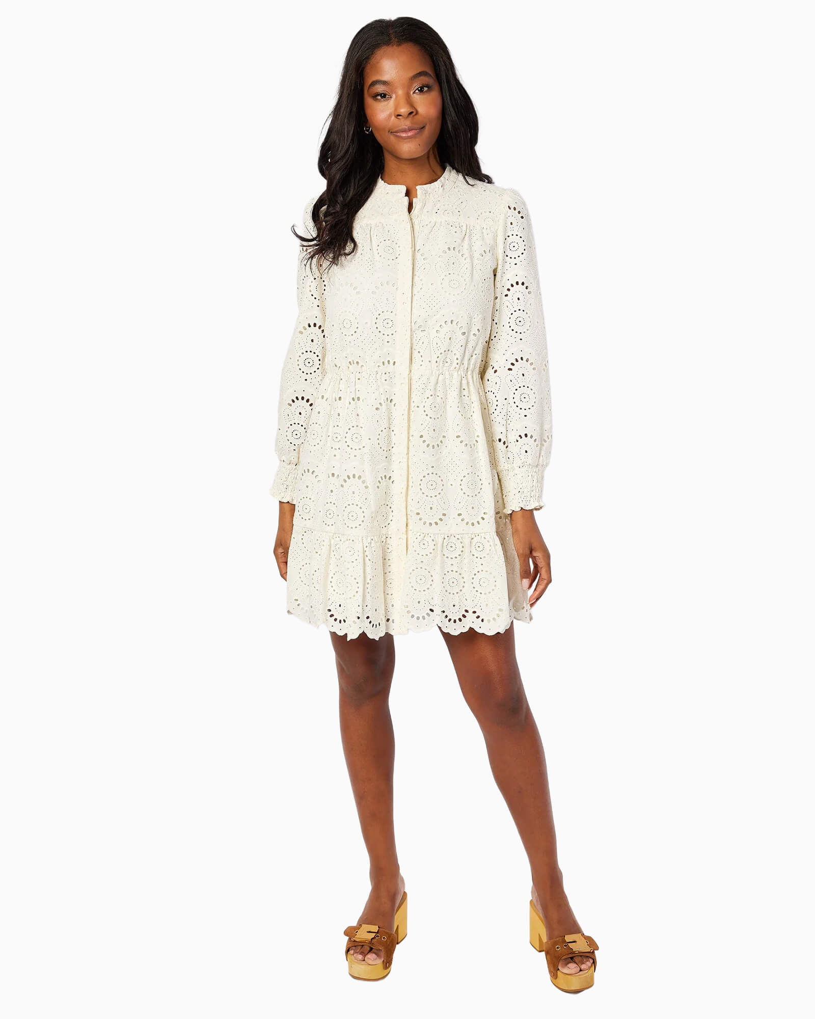 Ivory Eyelet Long Sleeve Cinched Waist Dress