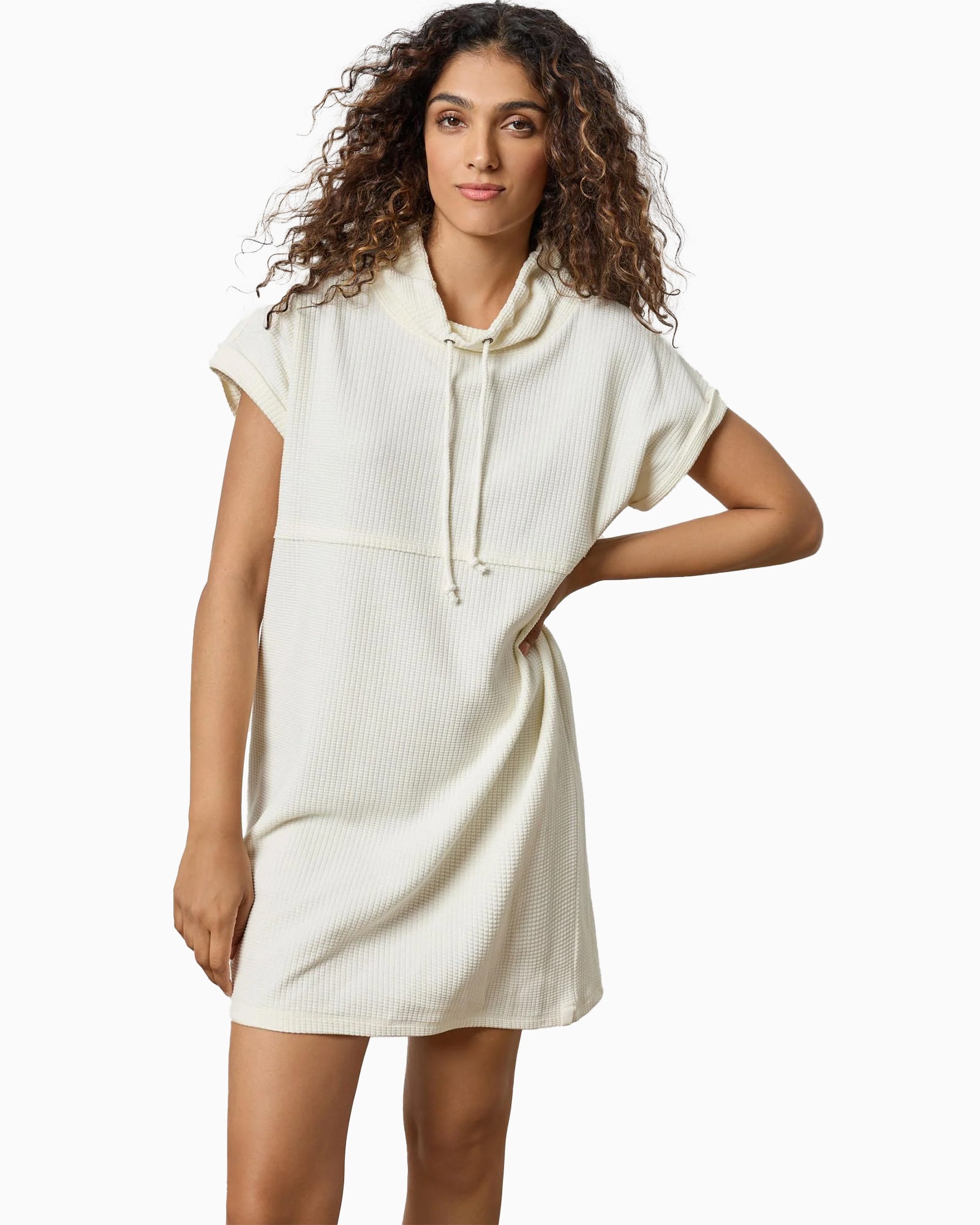 Roll Sleeve Seamed Dress Ecru