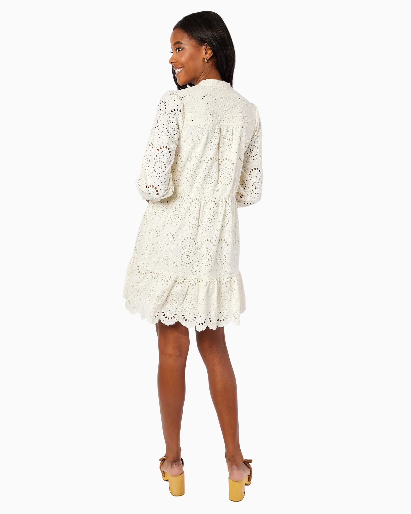 Ivory Eyelet Long Sleeve Cinched Waist Dress