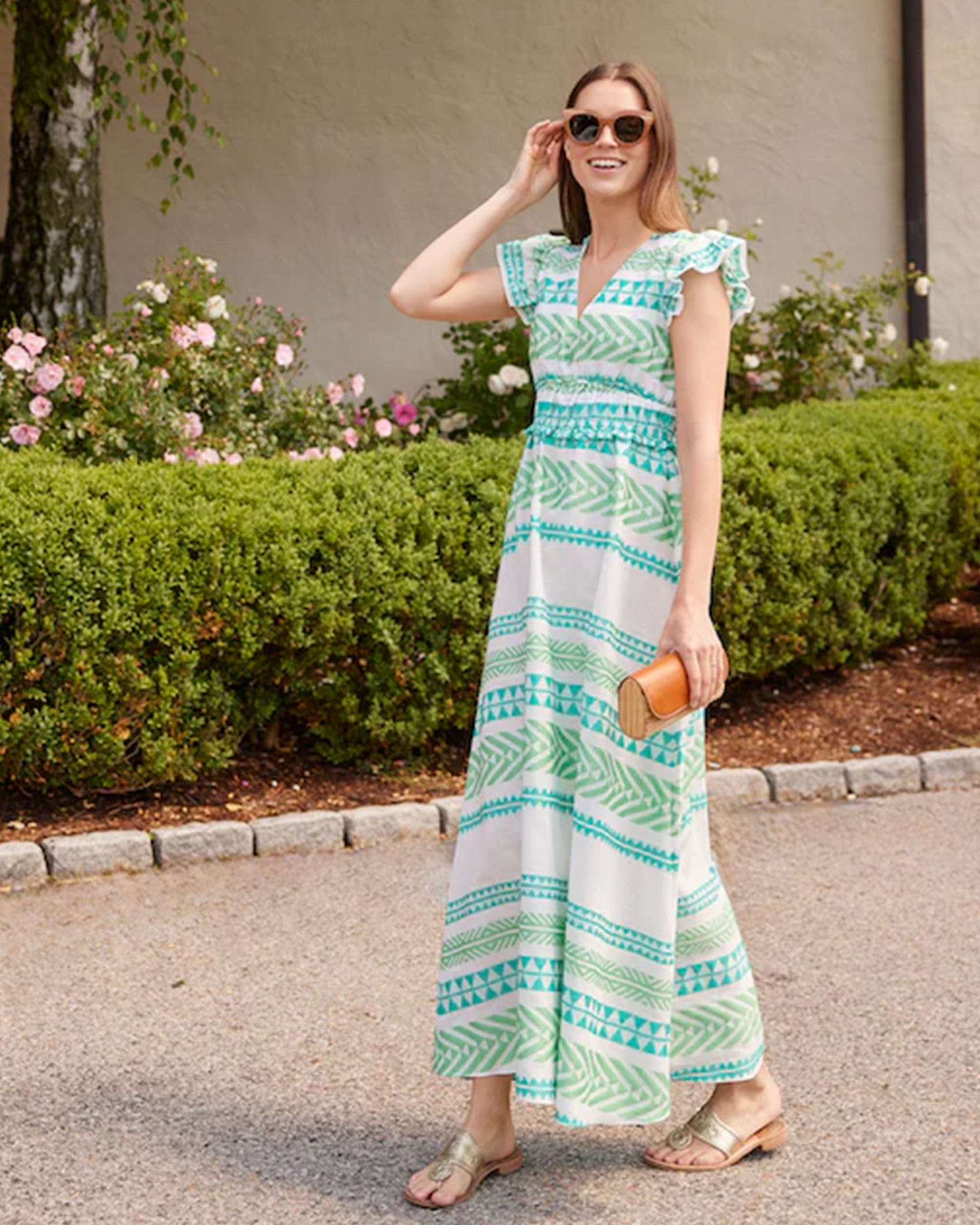 Green Jacquard V-Neck Flutter Sleeve Maxi Dress