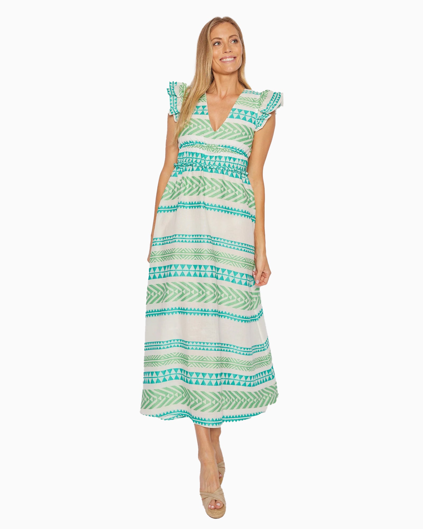 Green Jacquard V-Neck Flutter Sleeve Maxi Dress