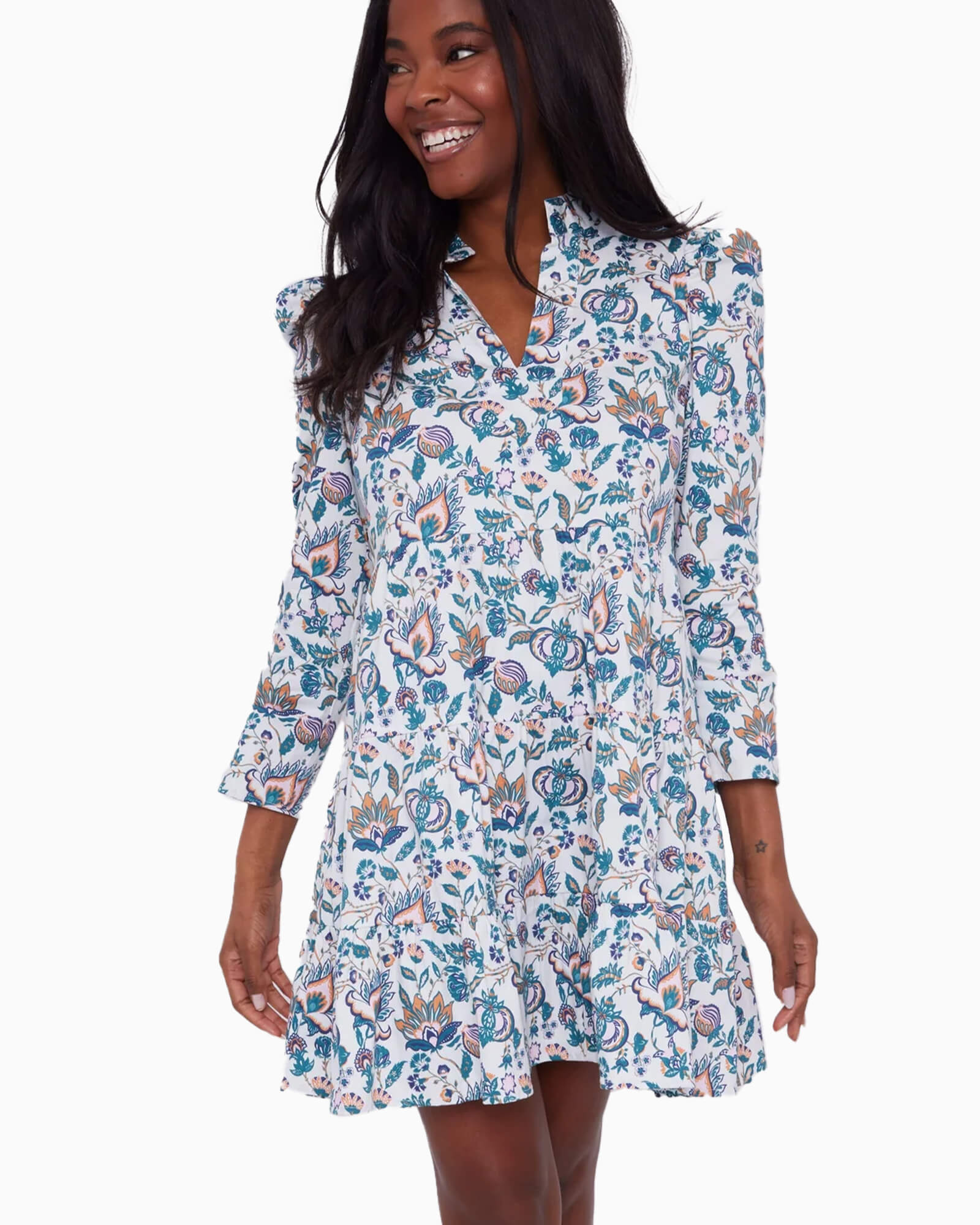 French Floral Long Sleeve Tunic Flare Dress