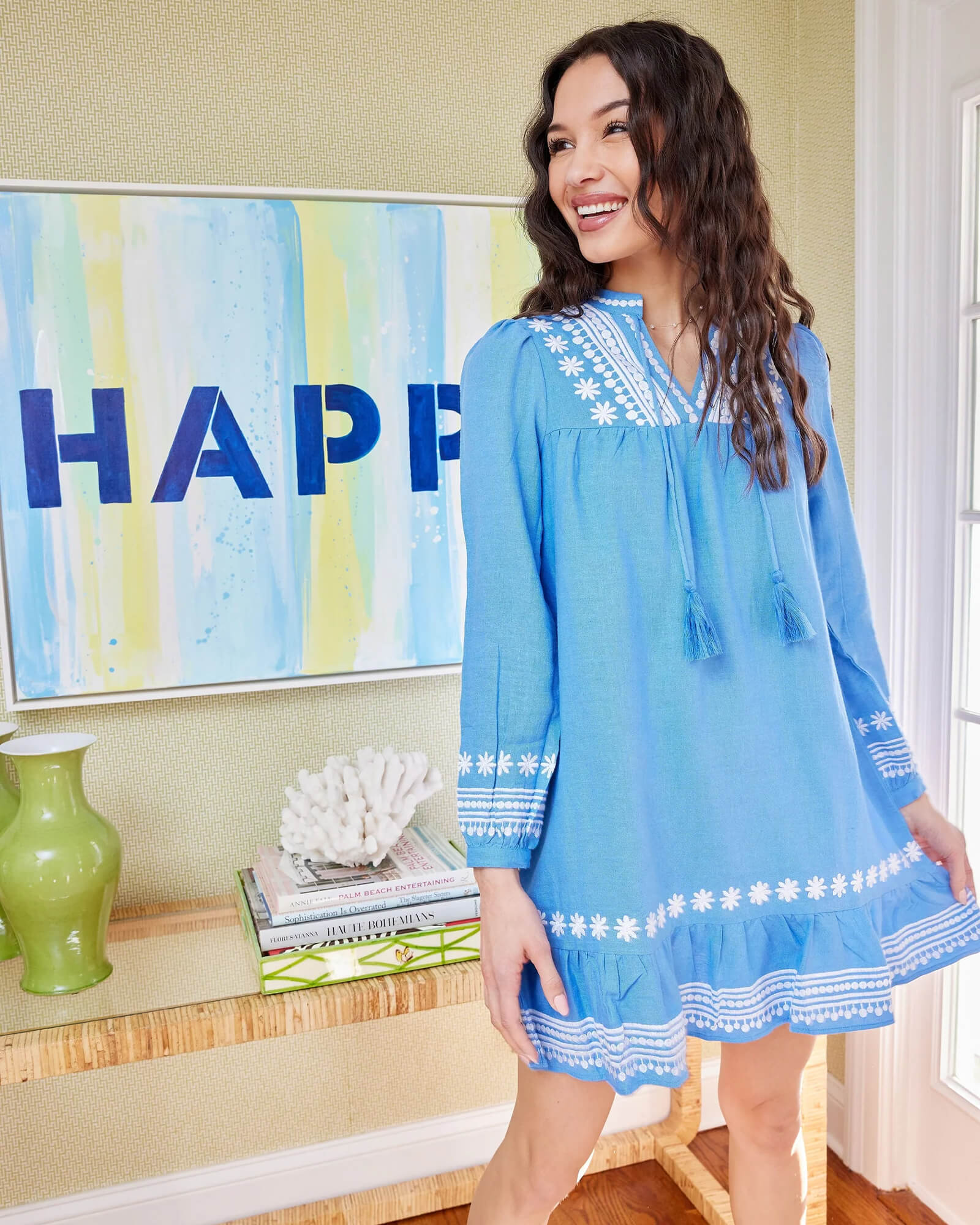 Embroidered Marina Long Sleeve Ruffle Hem Dress