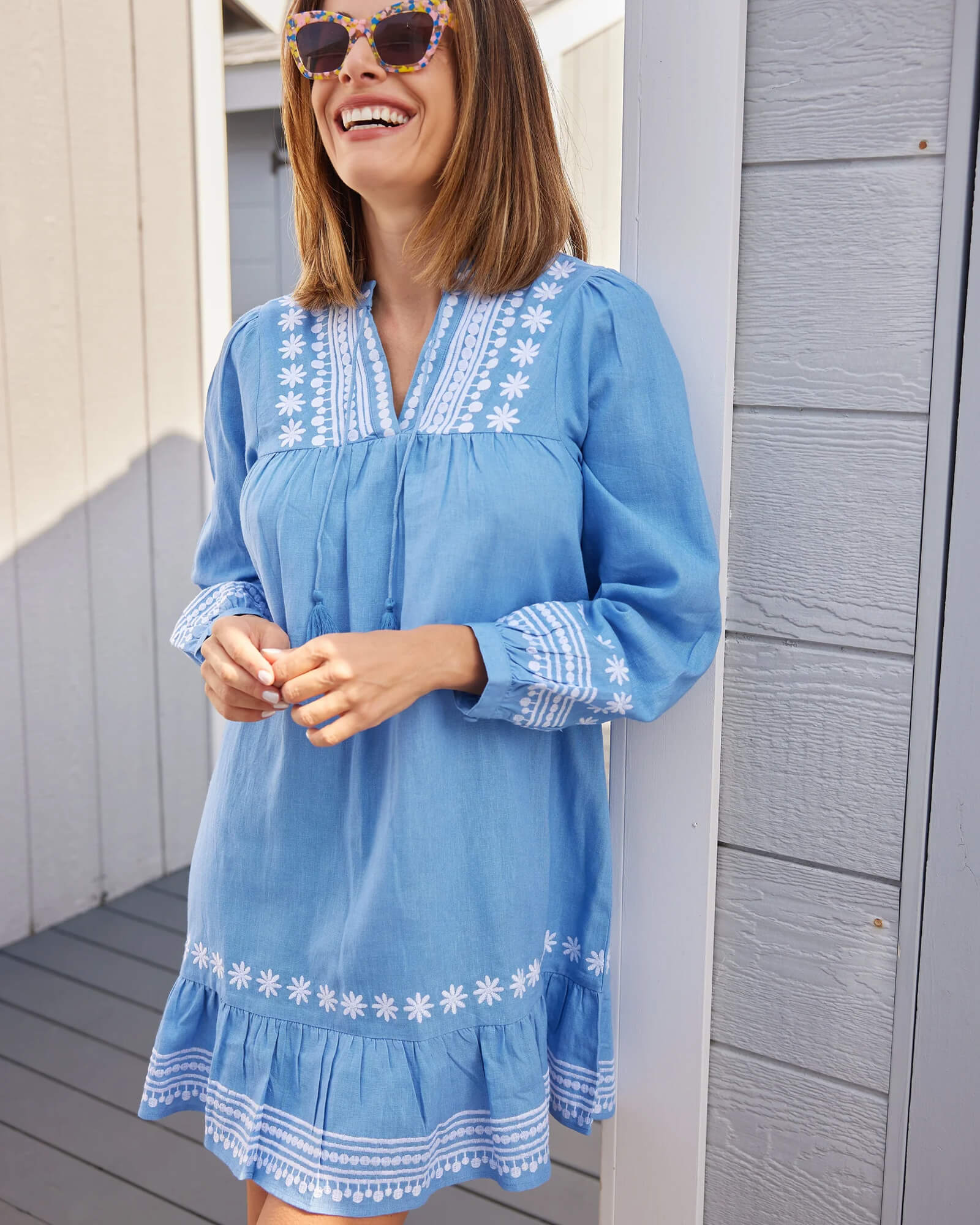 Embroidered Marina Long Sleeve Ruffle Hem Dress