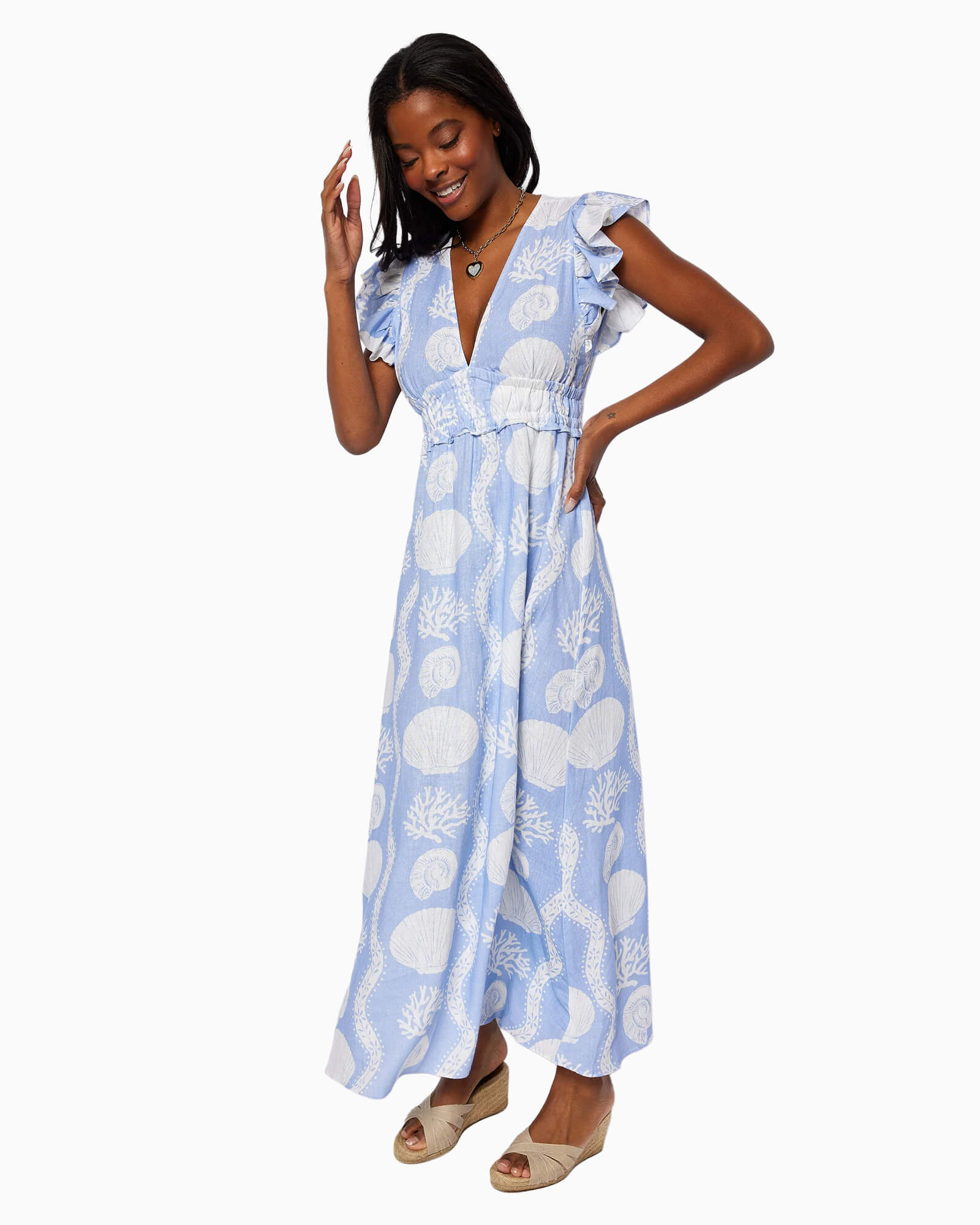 Hydrangea Sea Stripe V-Neck Flutter Sleeve Maxi