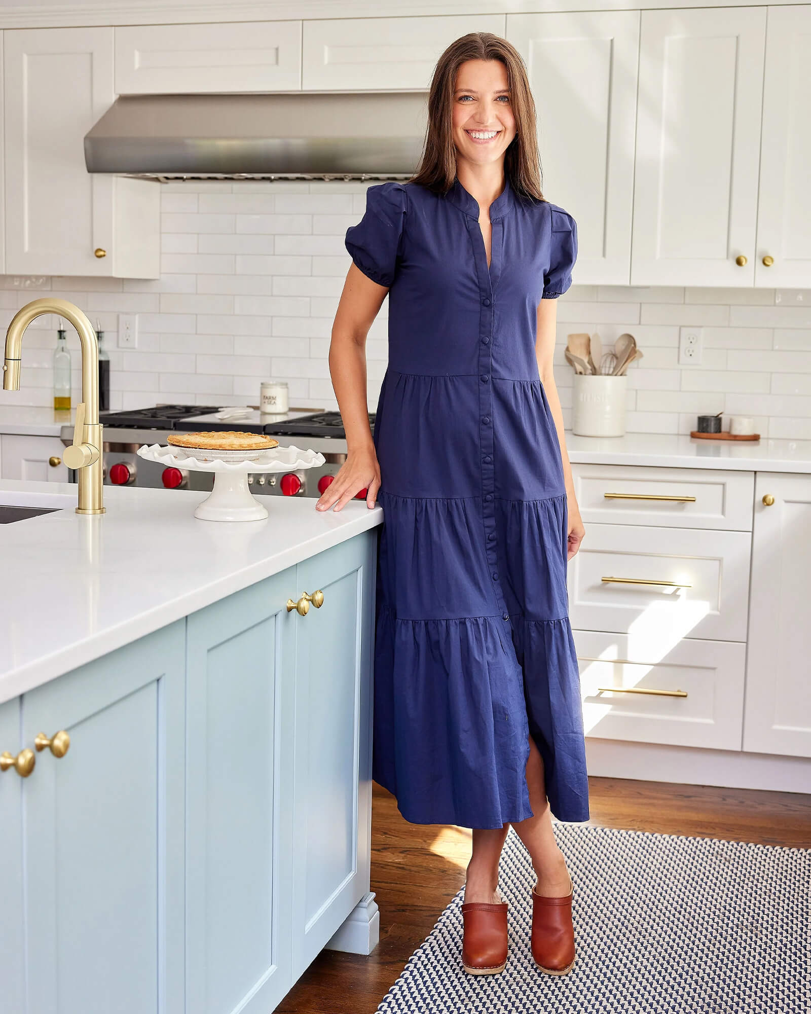 Navy Puff Sleeve Button Front Midi Shirt Dress