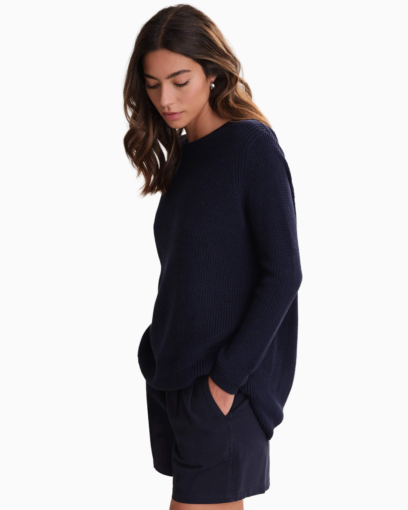Emma Crewneck Shaker Stitch Cotton Sweater Navy