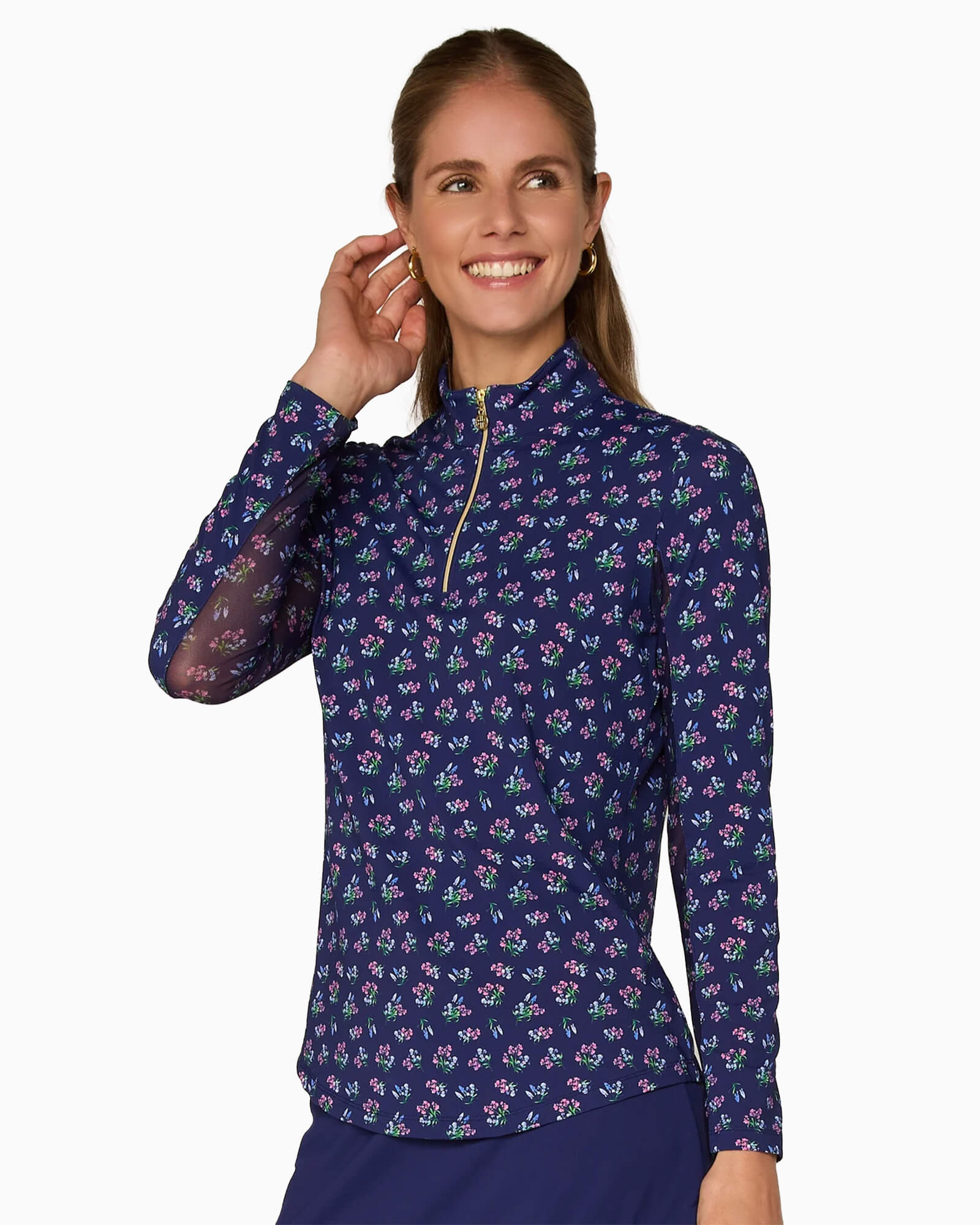 Quarter Zip Sun Protection Top Navy Bouquet
