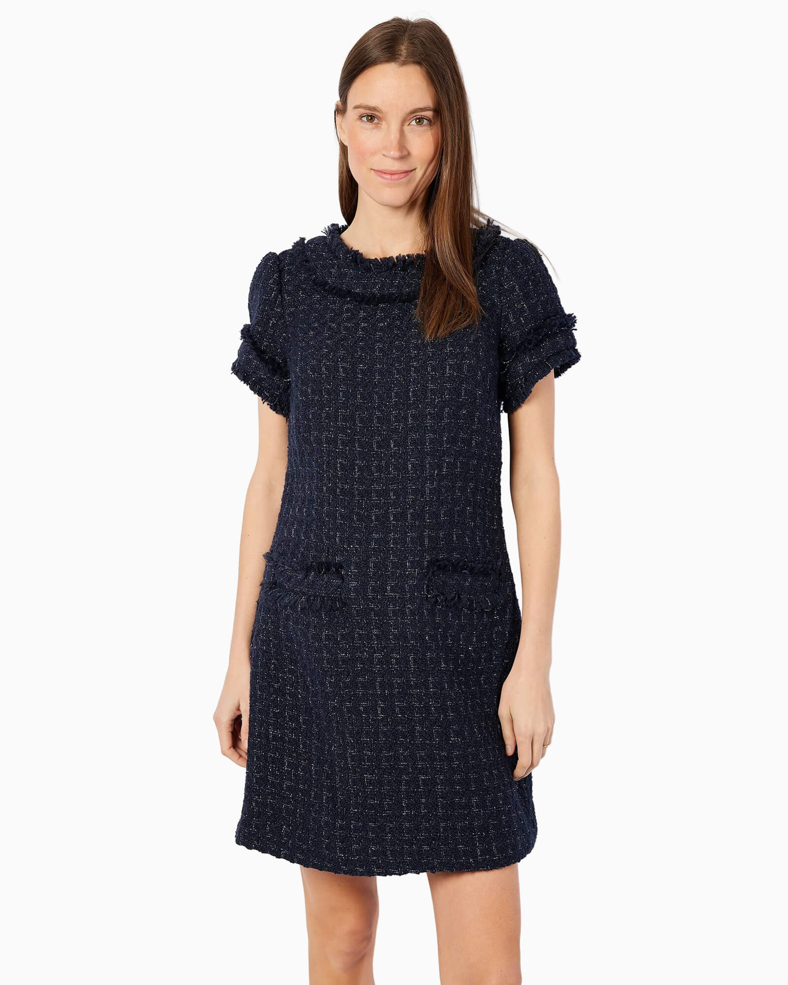 Navy Metallic Tweed Short Sleeve Shift Dress